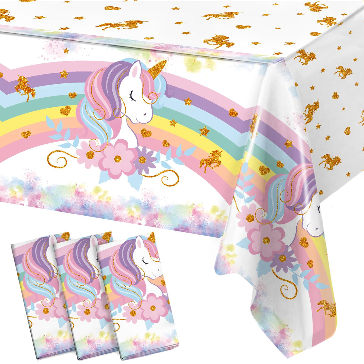 Staraise unicorn tablecloths 3-piece set, wide view enhances party table presentation