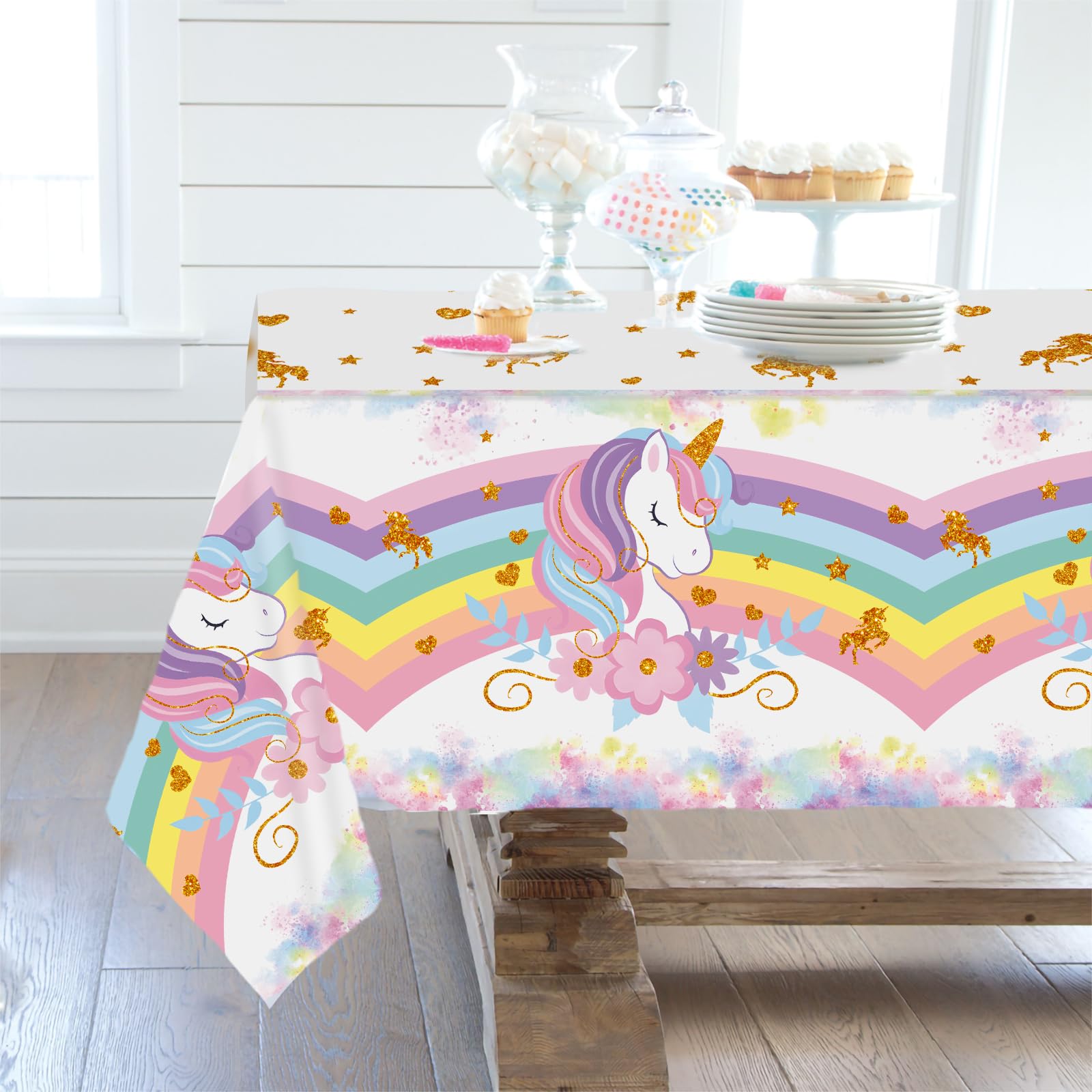 Staraise unicorn tablecloth setting on table creates charming birthday vibes