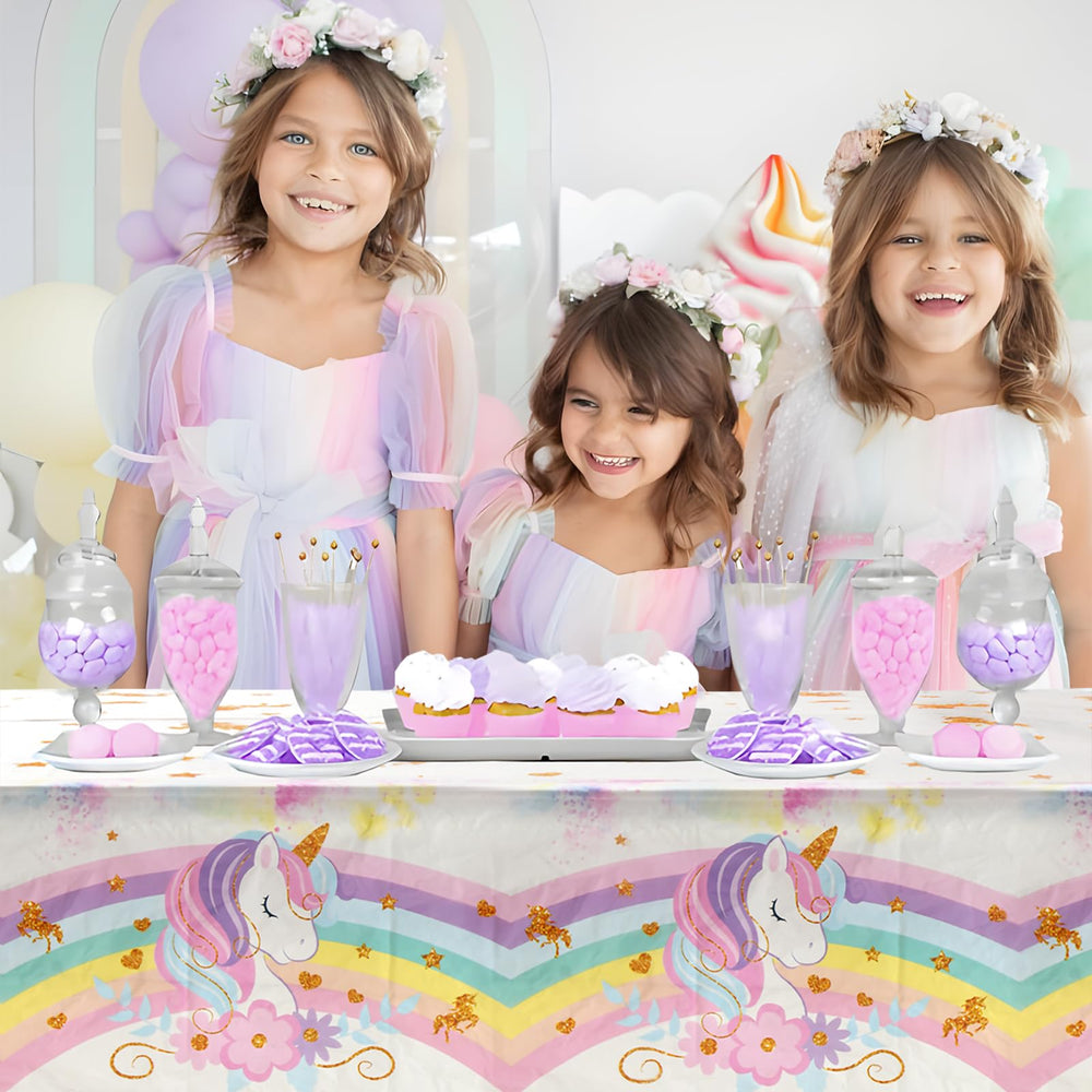 Staraise unicorn tablecloth white background shows flowers and stars for a gentle mood