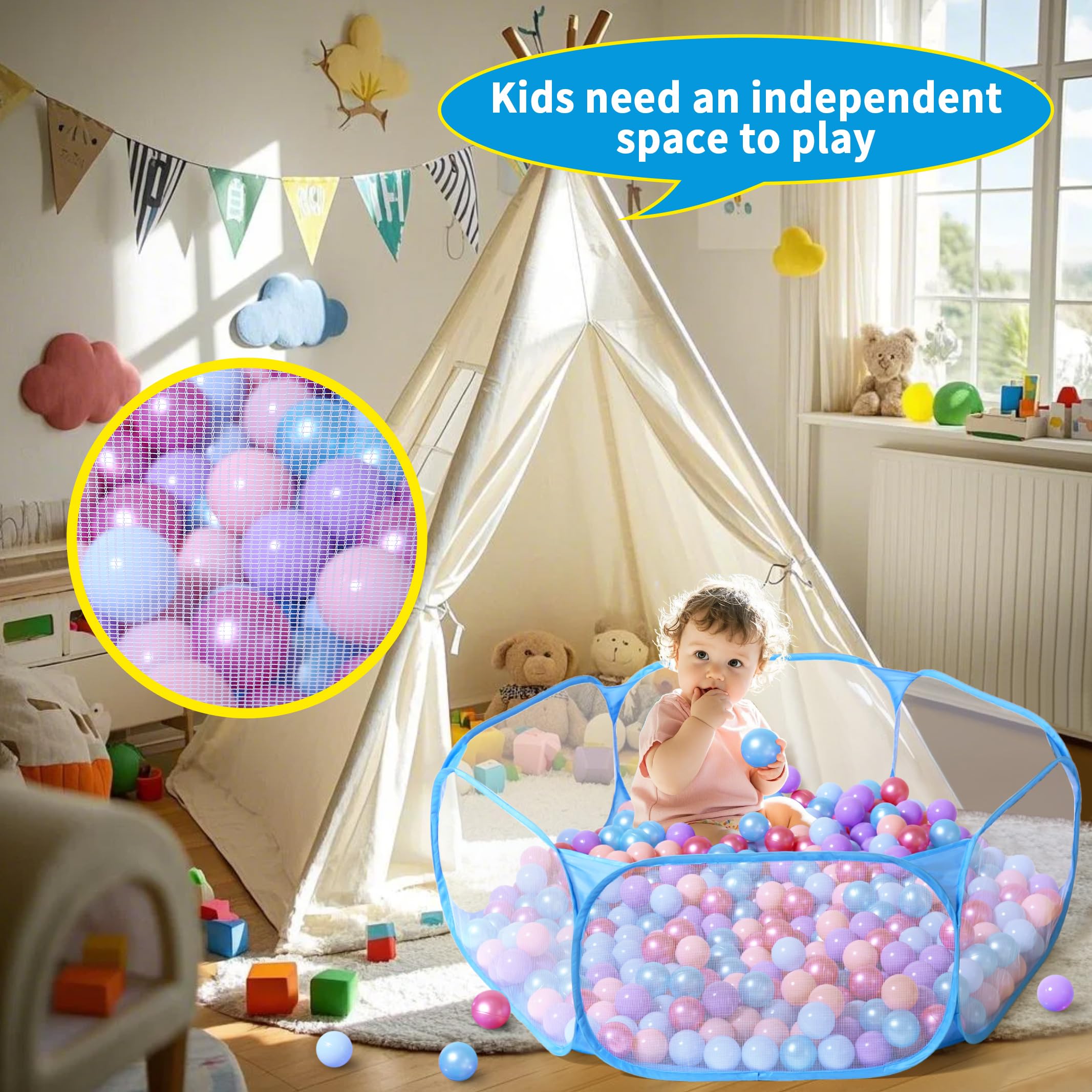 STARBOLO Kids Ball Pit blue exterior hexagon fabric highlights durable, kid-friendly design