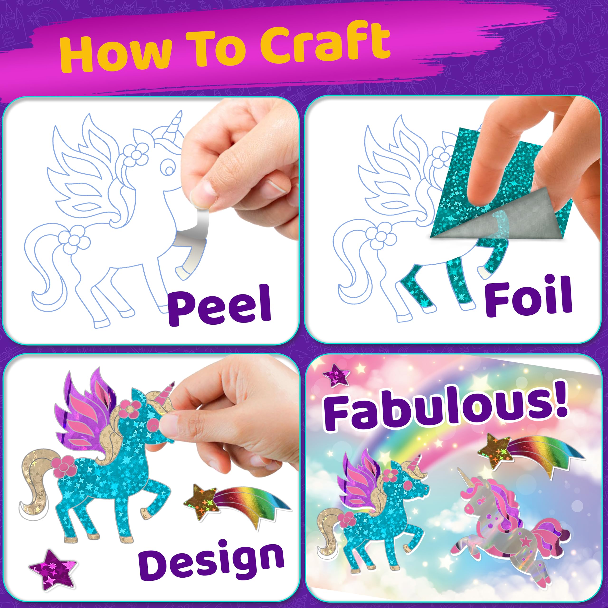 Stargo foil art kit rainbow unicorn background creates vibrant scenes for quick, mess-free crafting.