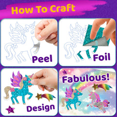 Stargo foil art kit rainbow unicorn background creates vibrant scenes for quick, mess-free crafting.