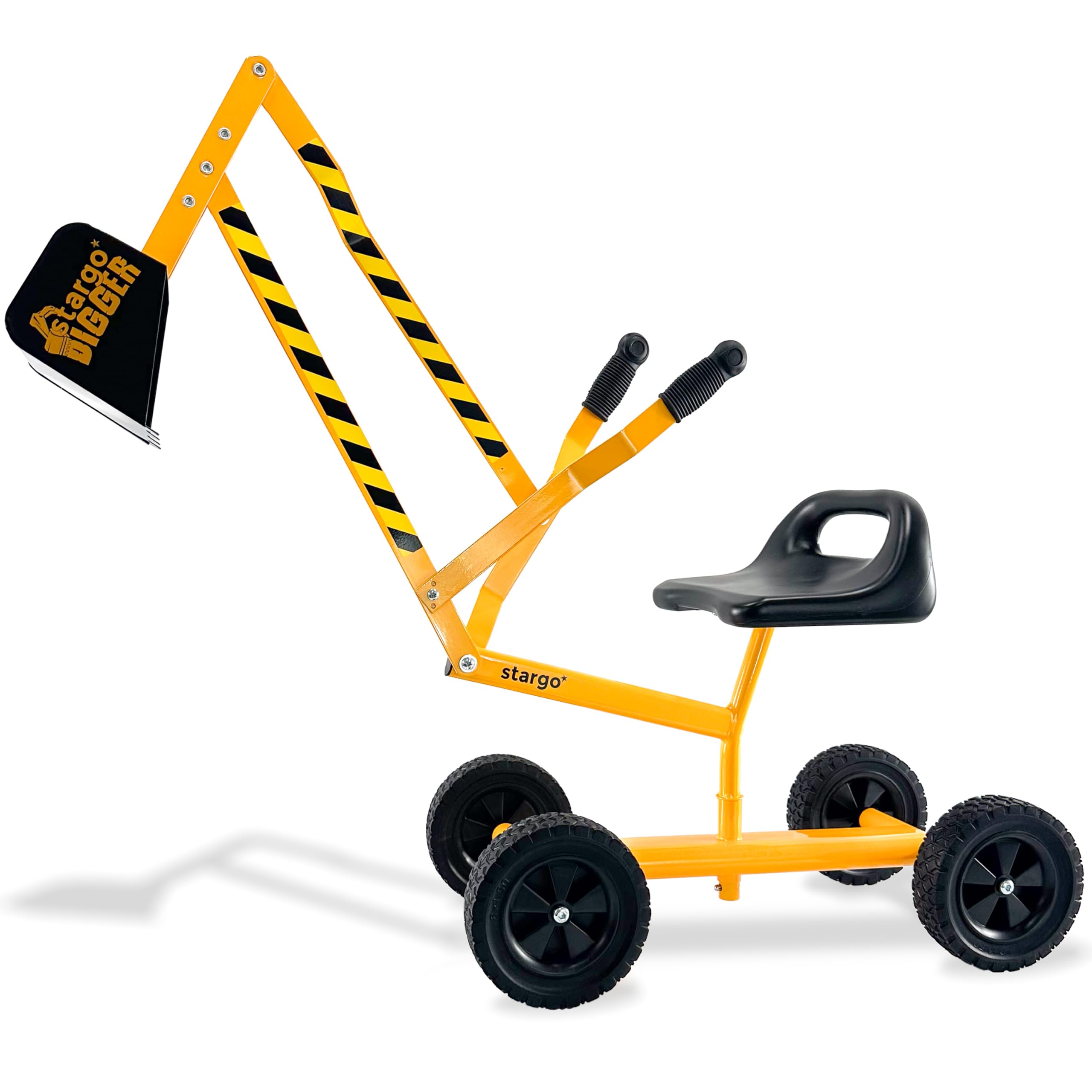 Stargo Kids Excavator on Wheels, sturdy ride-on toy for outdoor sand and beach play.