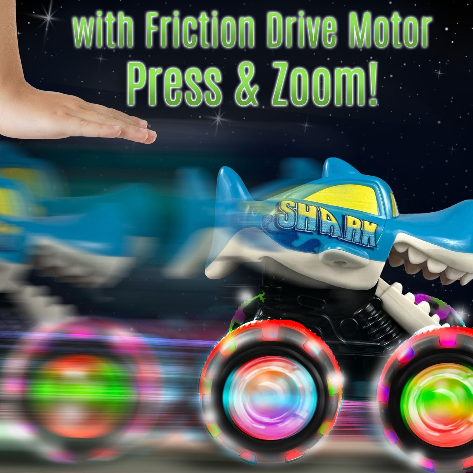 Shark jaw chomping motion adds interactive play during races.
