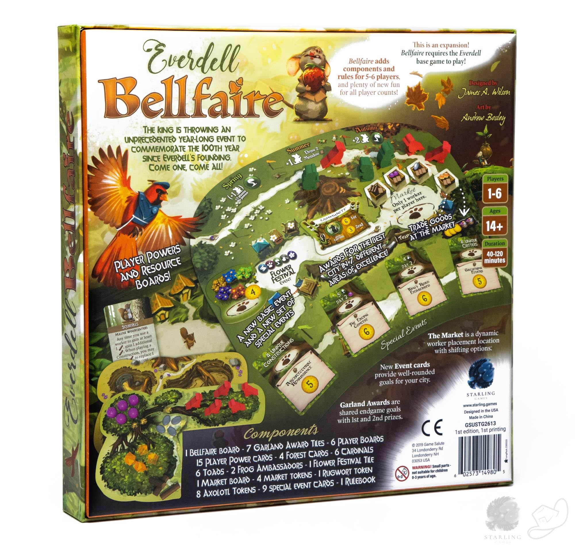 Starling Games Everdell Bellfaire shows 15 power cards for varied strategies