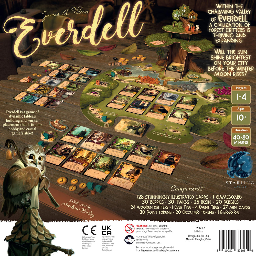 Starling Games Everdell cards and resources showcase vibrant artwork for strategic planning.