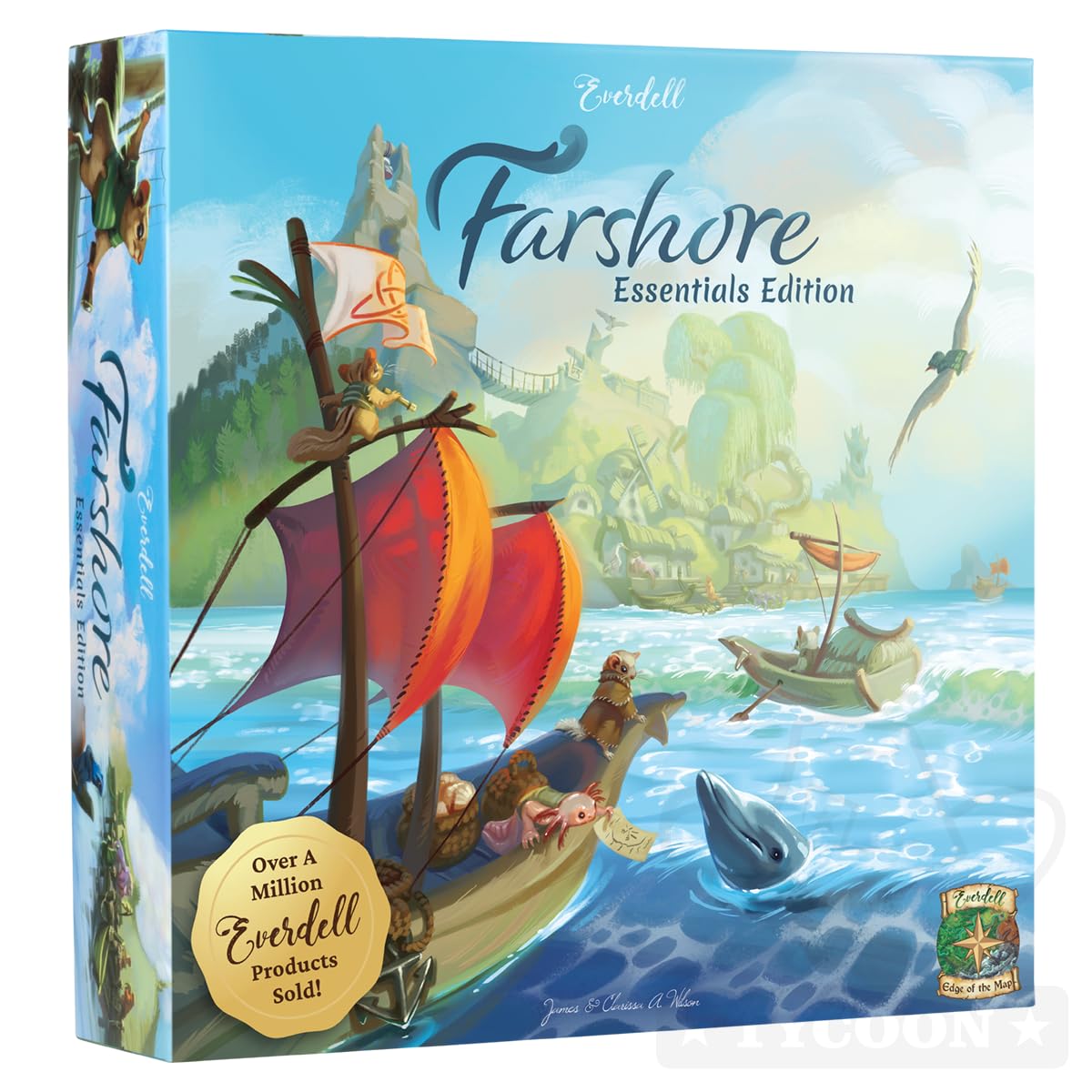 Starling Games Everdell Farshore Essentials cover with vivid coastal art inviting family play