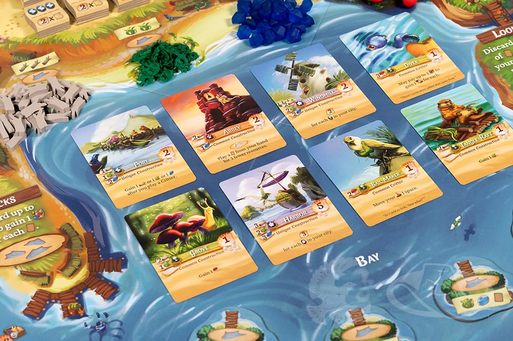 Starling Games Everdell Farshore windrose tokens guide tides and planning decisions.