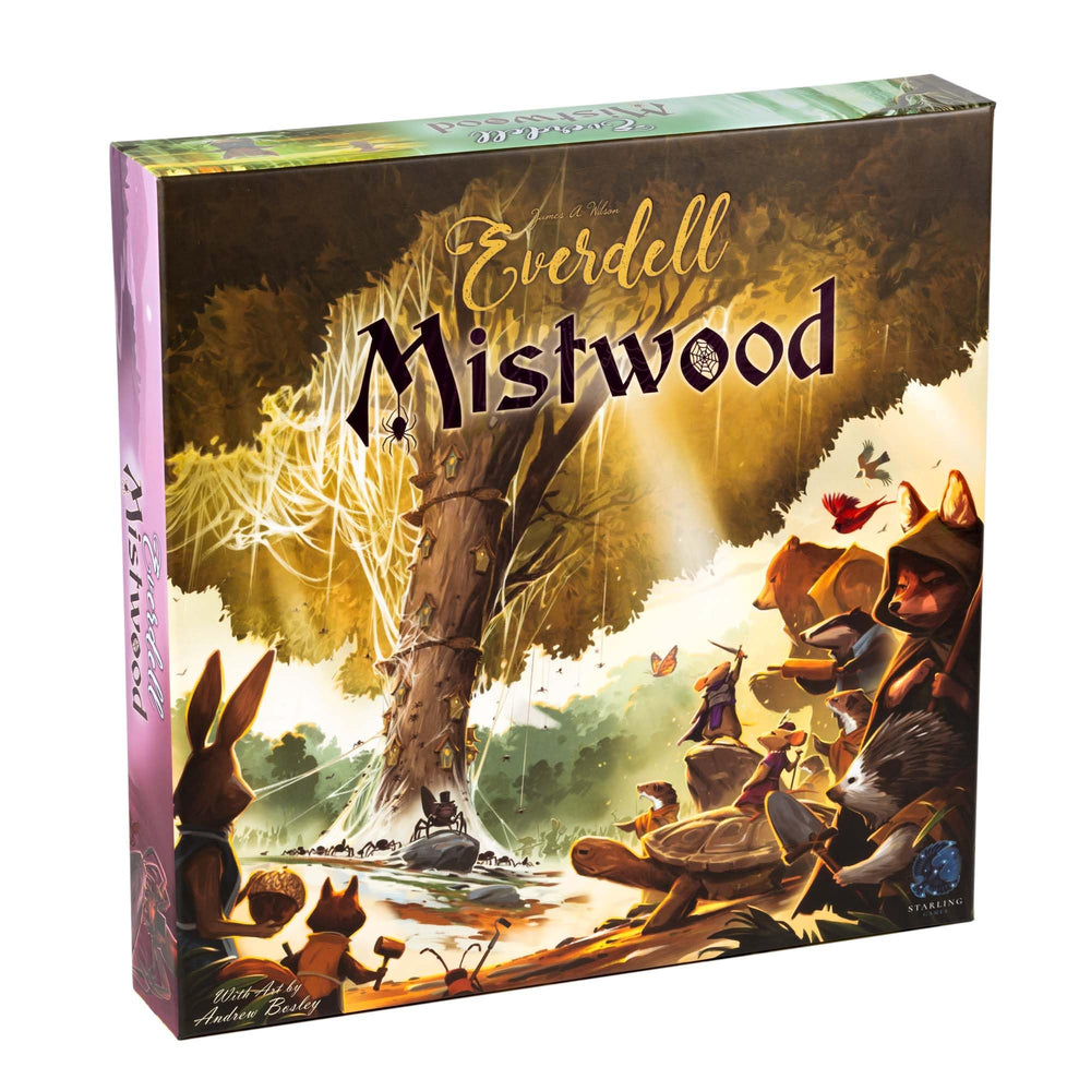 Starling Games Everdell Mistwood solo mode close-up highlights immersive solo strategy and component quality.