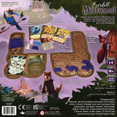 Starling Games Everdell Mistwood two-player setup shows competitive head-to-head play and shared tabletop space.