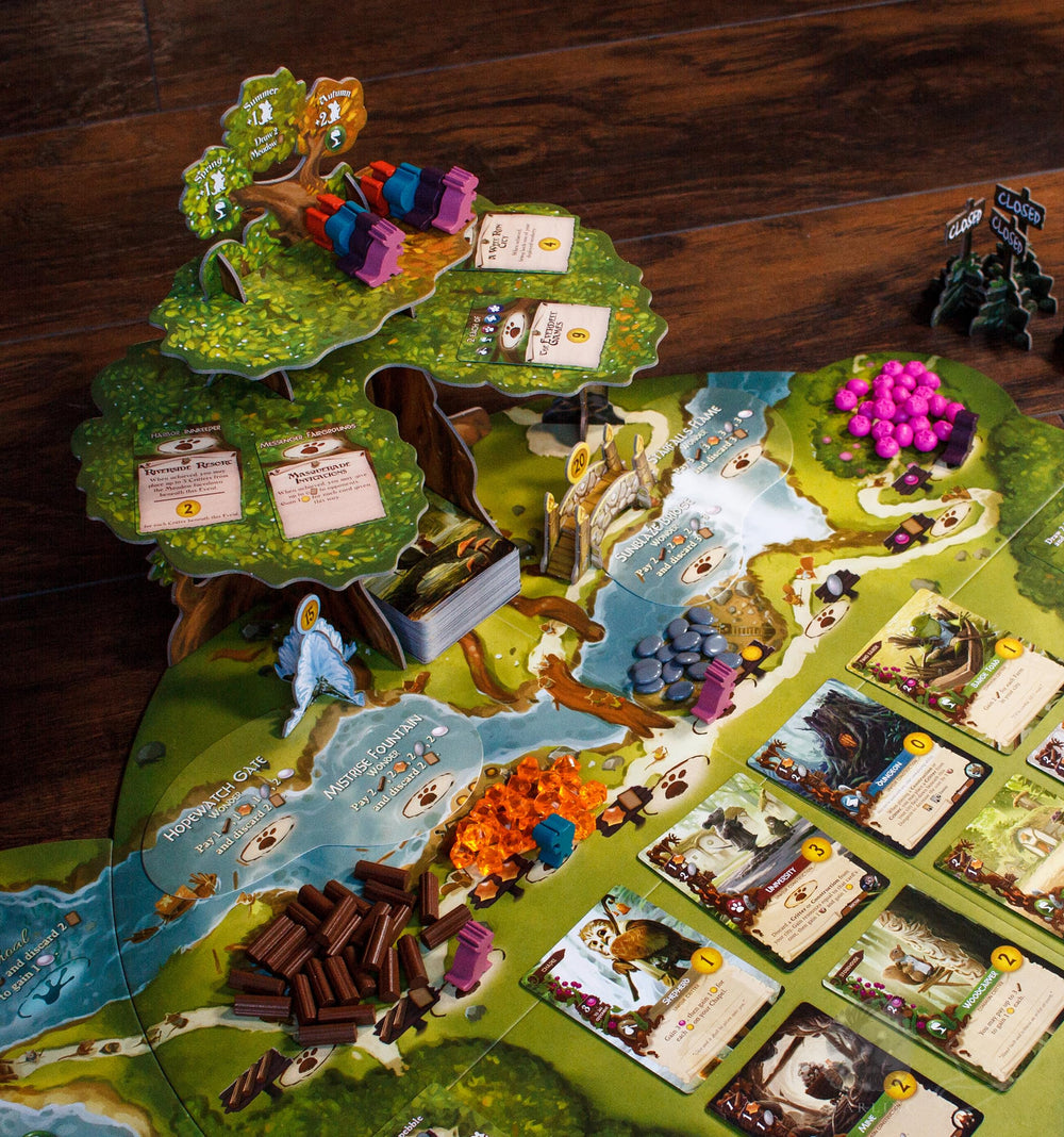 Starling Games Everdell Pearlbrook 2nd Edition river board visuals emphasize immersion.