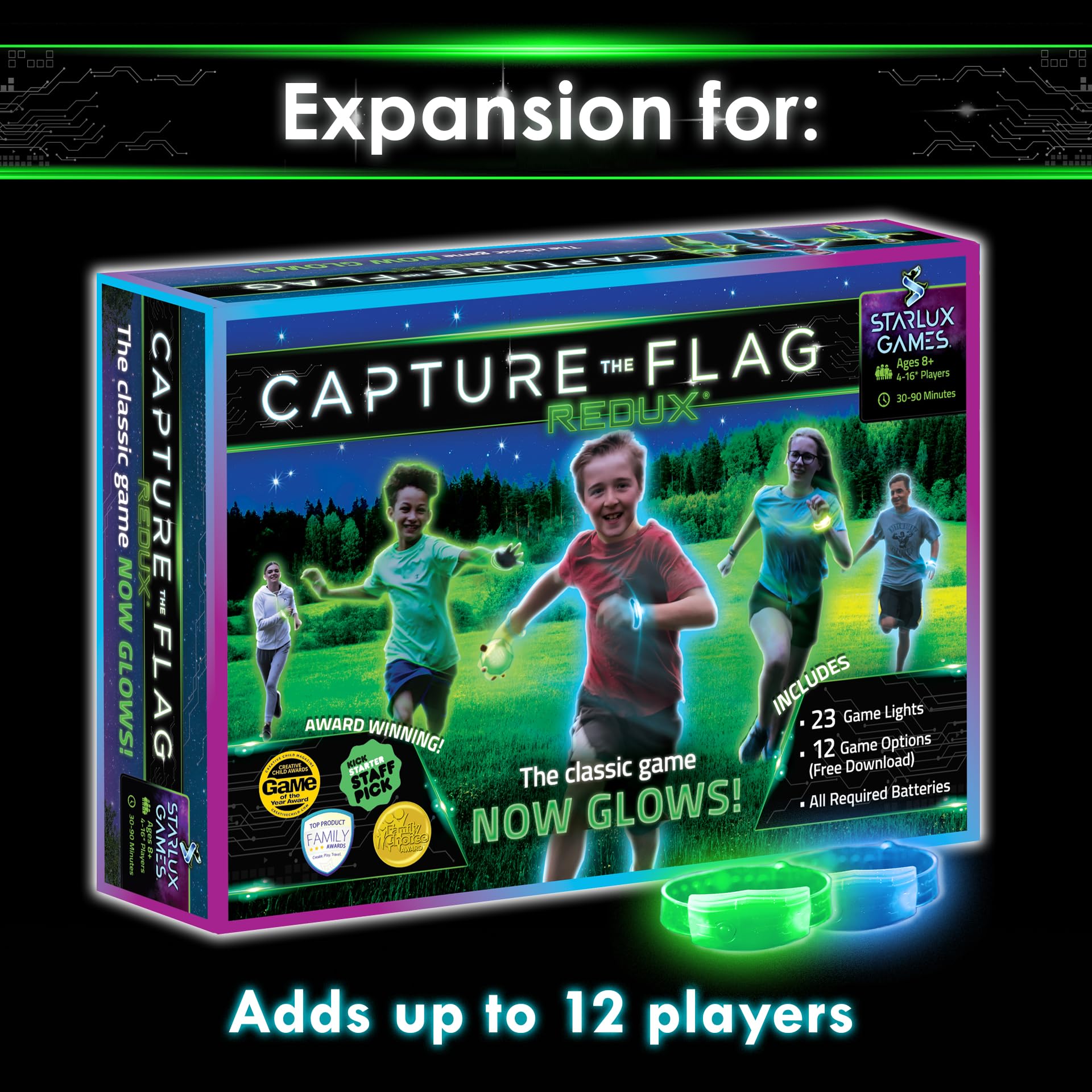 Camping night scene with Starlux bracelets powering collaborative play.