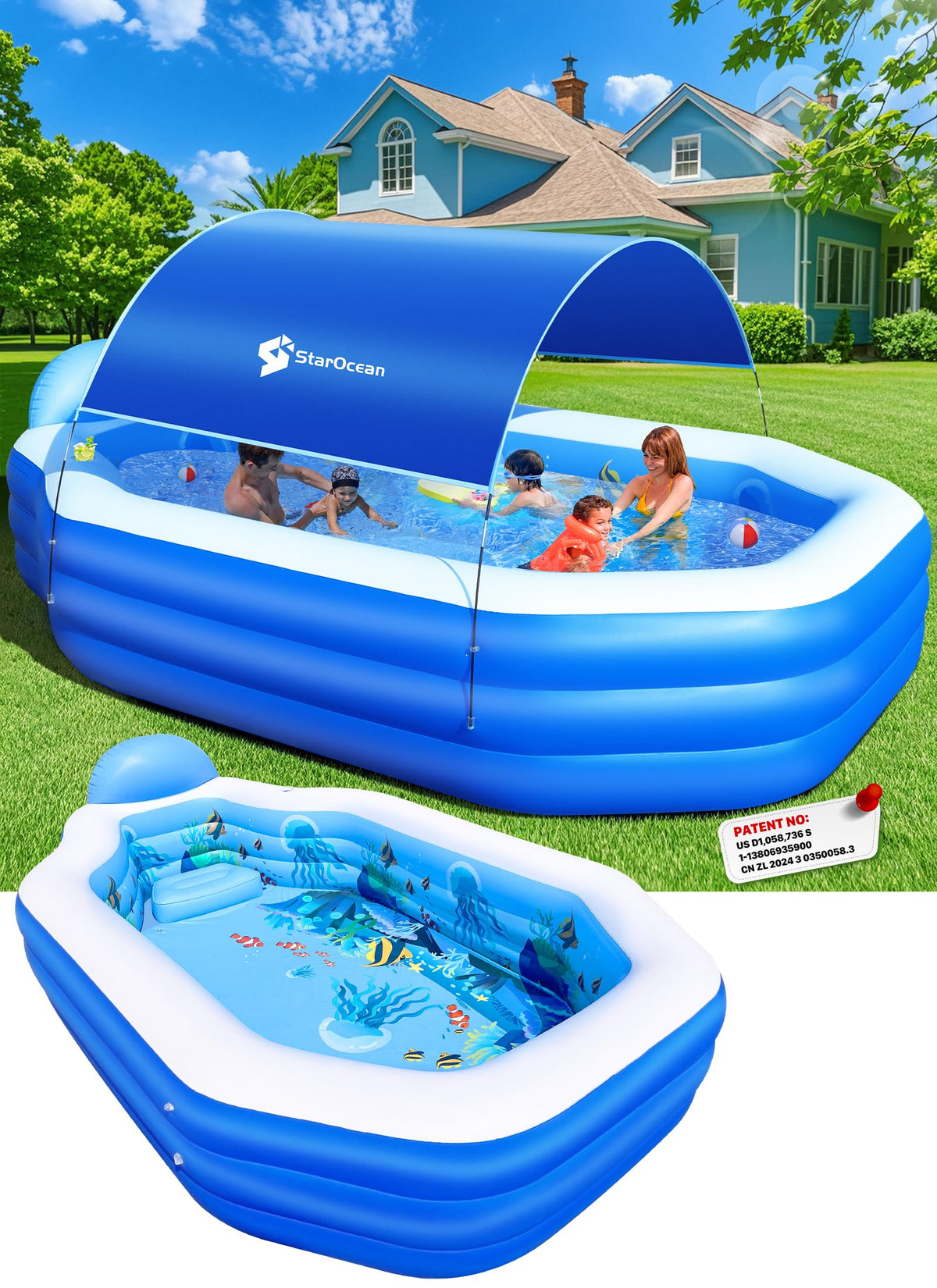 StarOcean Inflatable Pool with Canopy offering portable sun protection for backyard fun