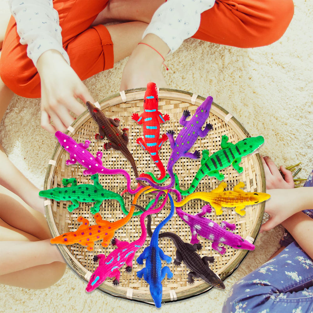 Staroud color-changing alligator toy stretched for squeezing and stress relief during play.