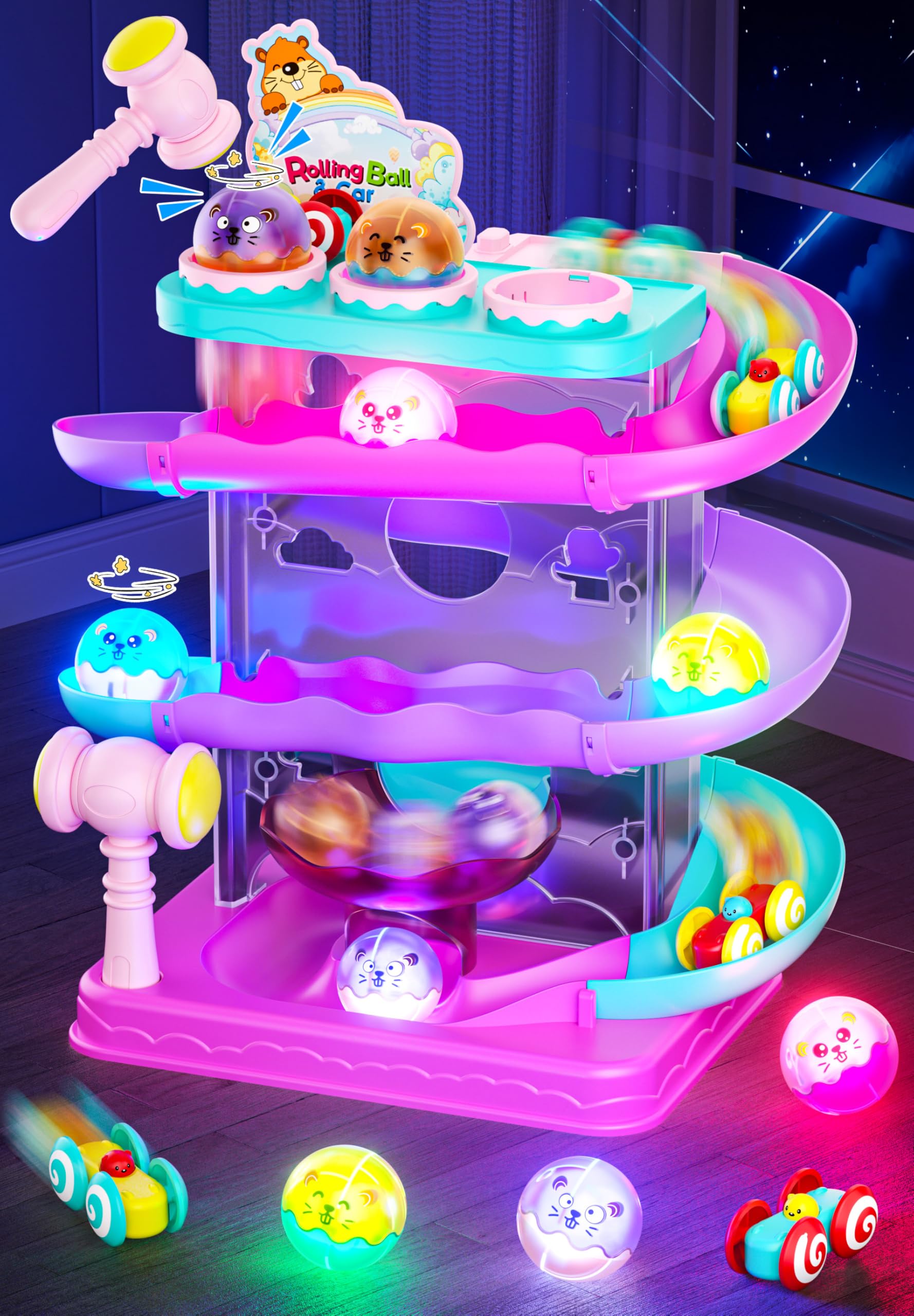 Stay Fun 2-in-1 rolling ball and car ramp top view boosts curiosity and cause‑and‑effect learning.