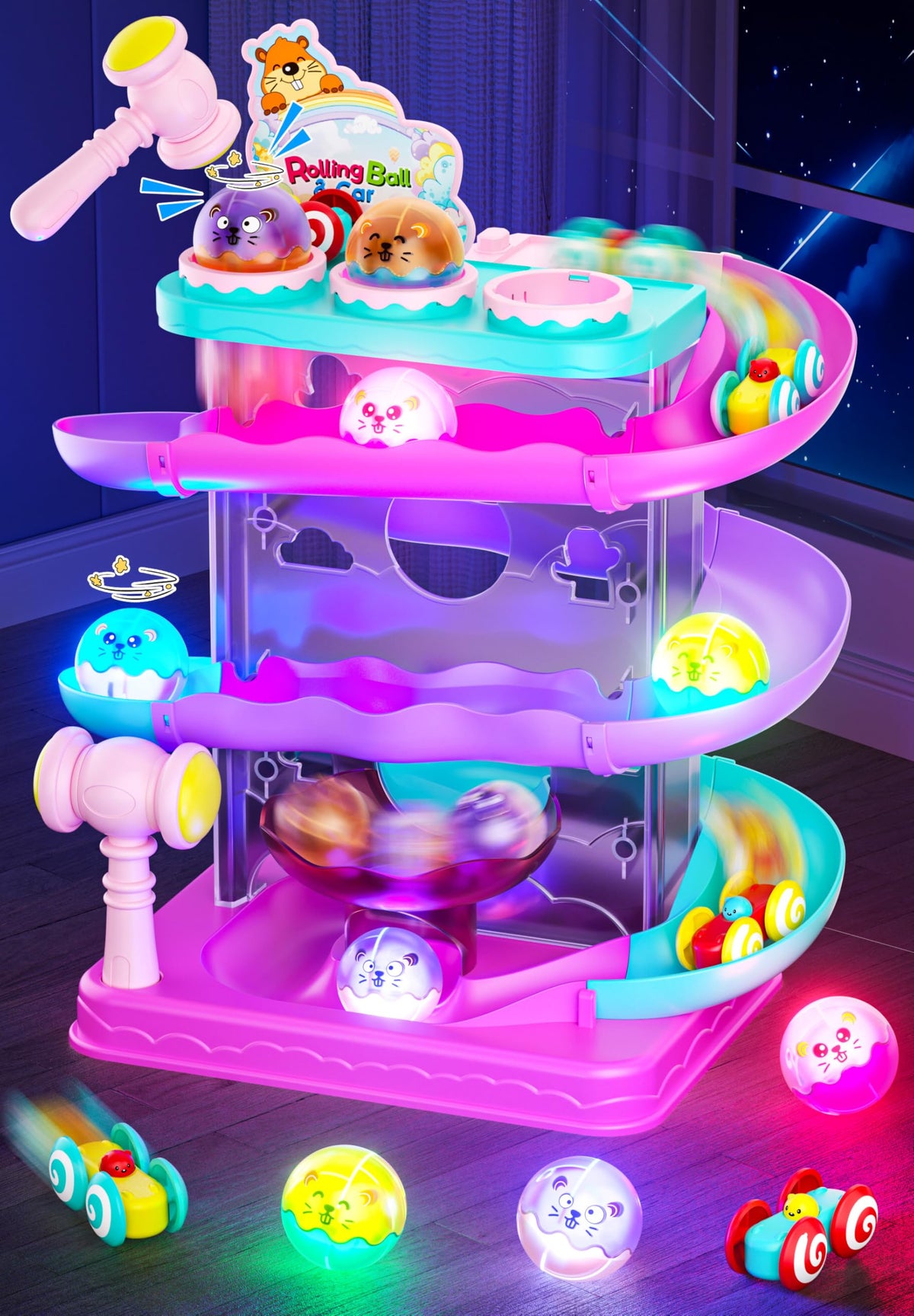 Stay Fun 2-in-1 rolling ball and car ramp top view boosts curiosity and cause‑and‑effect learning.