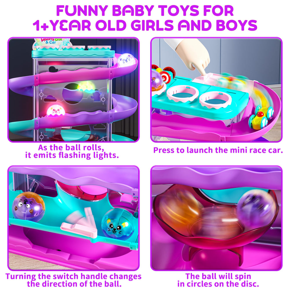 Three mini cars race down a vibrant, multi-color track for fast-paced fun.