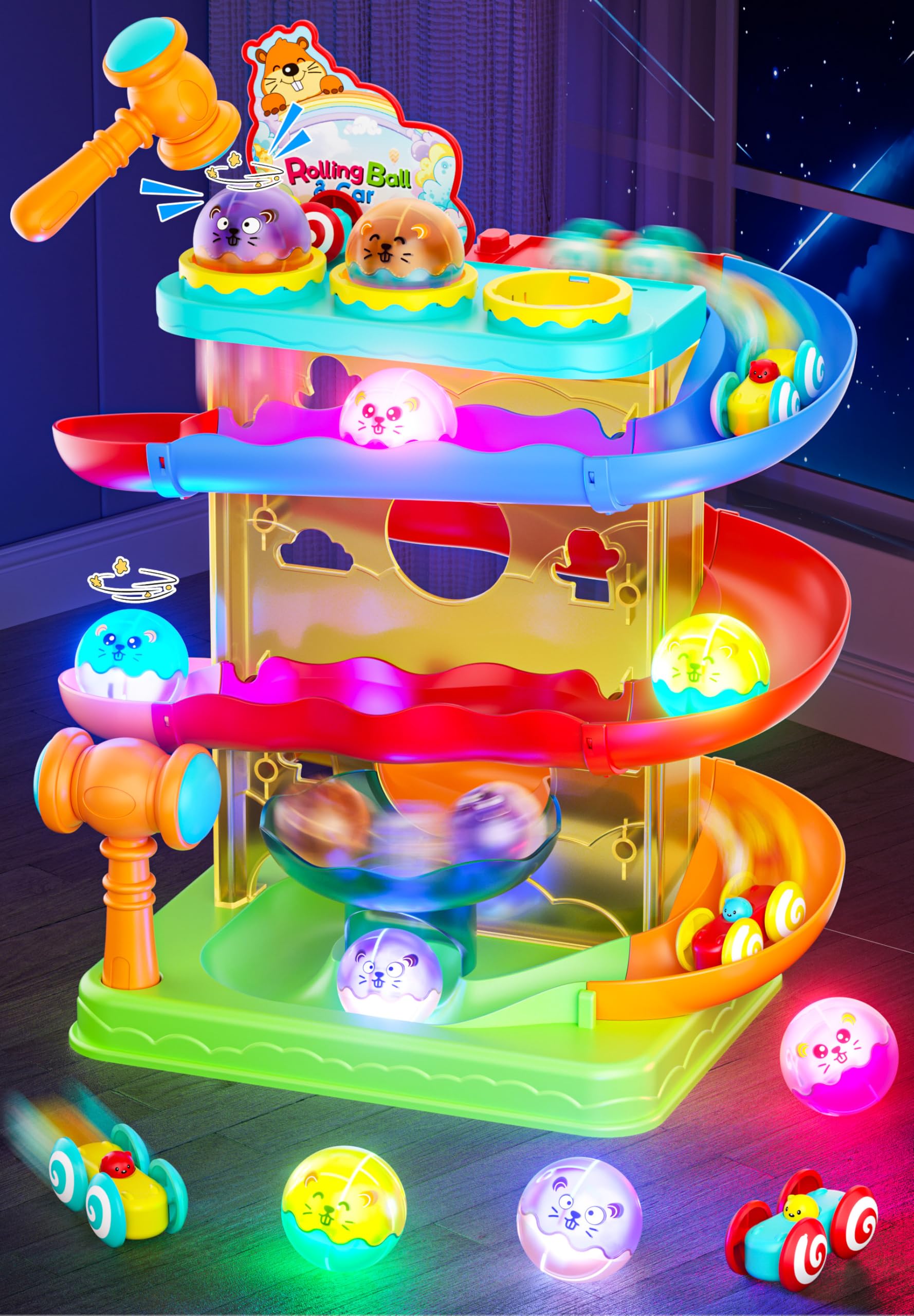 Stay Fun 2-in-1 ball track top view with colorful lights for engagement