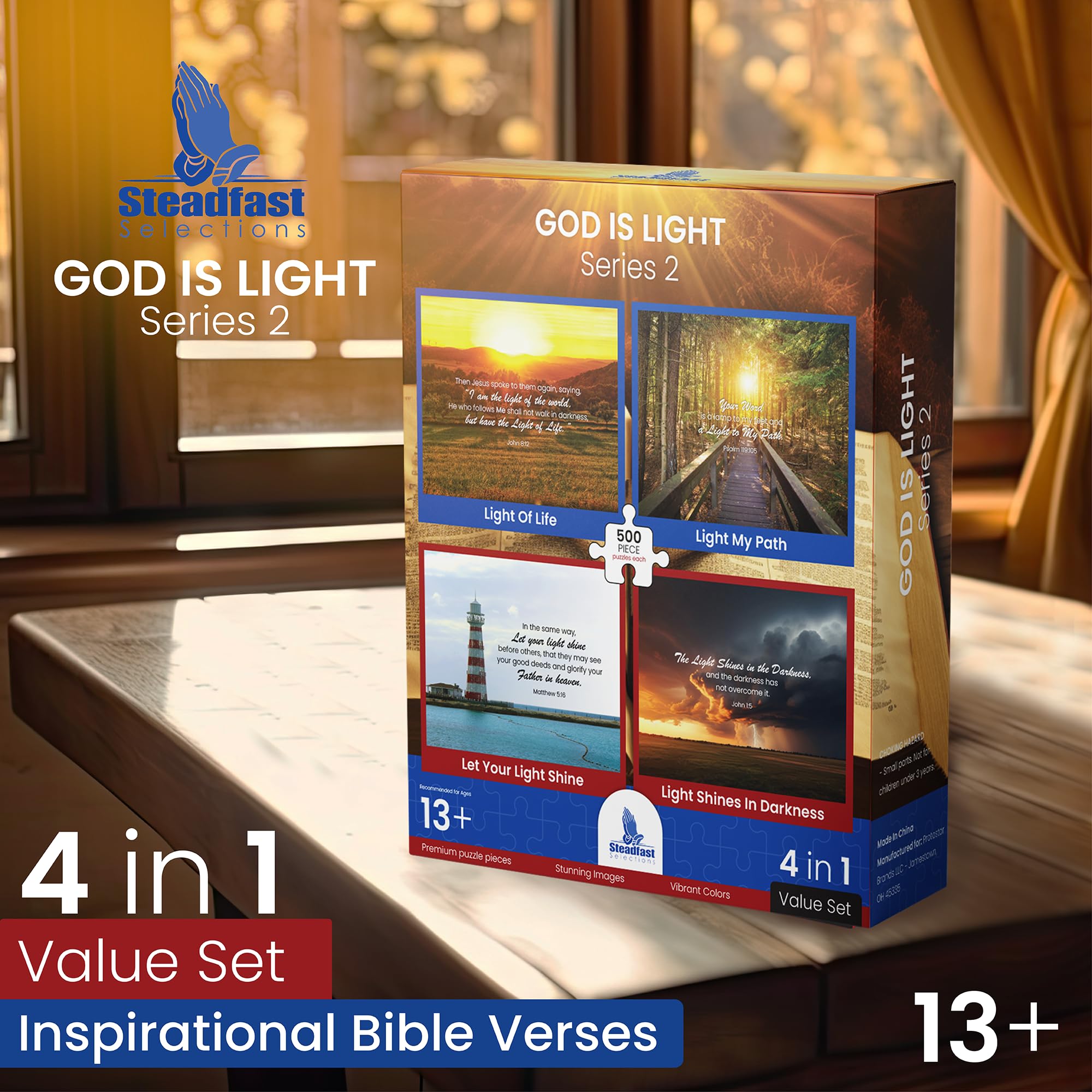 Steadfast Selections 4-in-1 Bible puzzle set delivers vibrant colors for inspiring scenes.