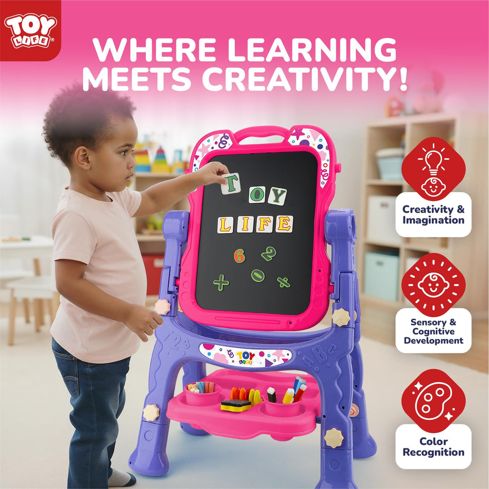 STEAM Life Art Easel color markers and chalk provide vibrant drawing options.
