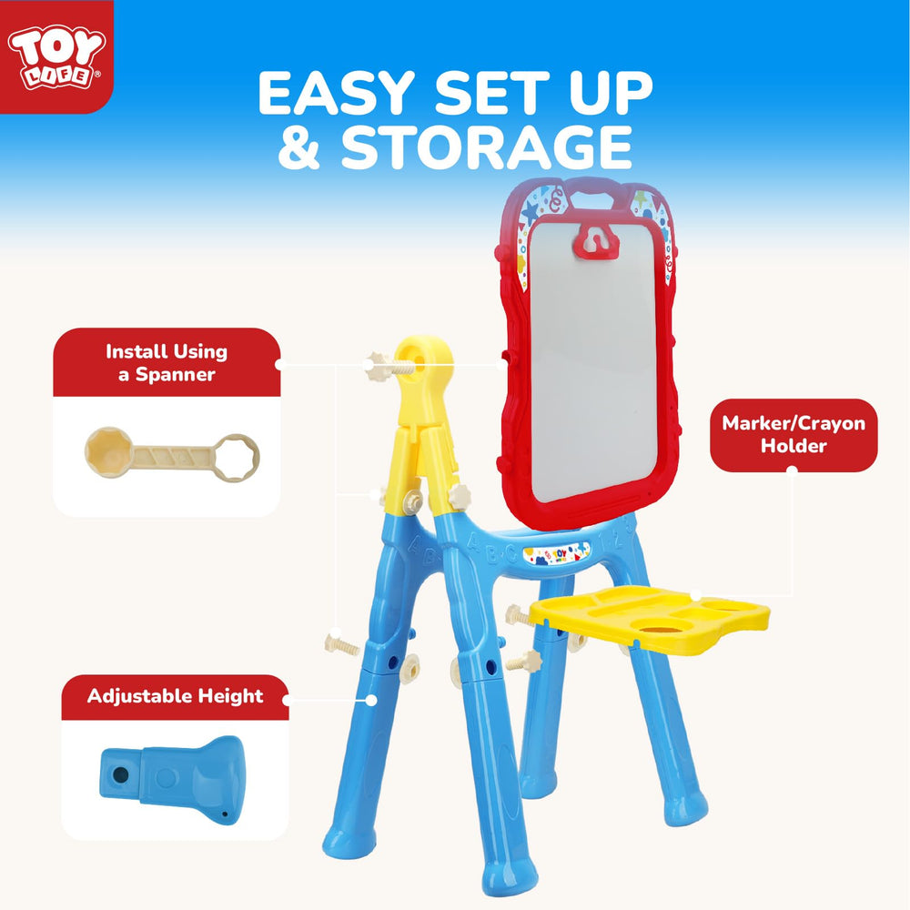 STEAM Life easel pictured mid-assembly, quick setup for busy families.