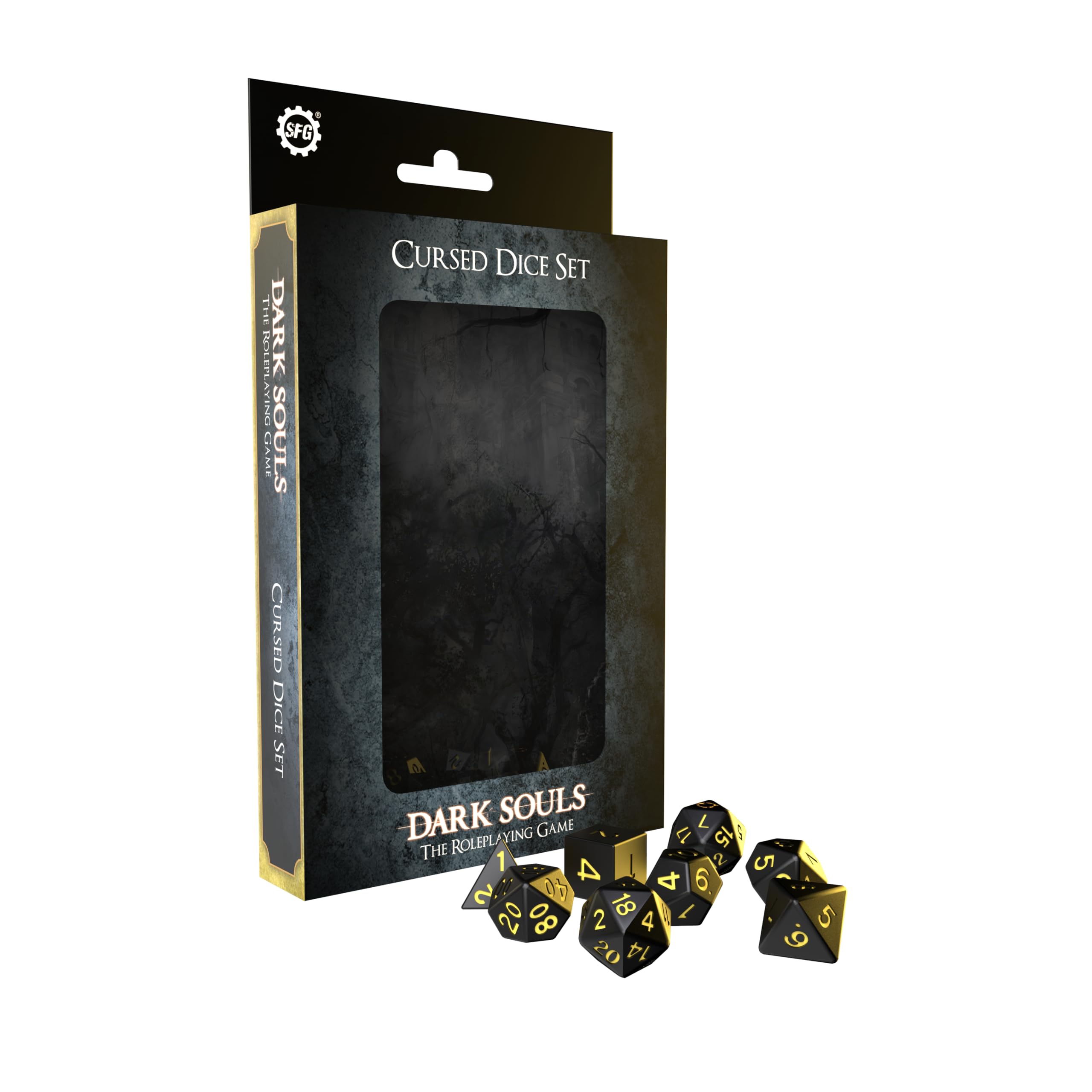Steamforged Games Dark Souls Cursed Dice Set packaging and dice on display
