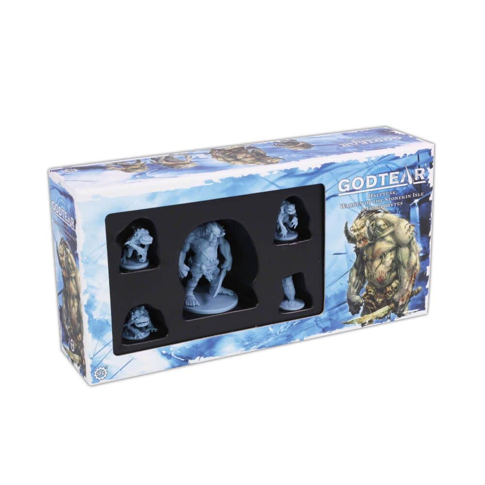 Steamforged Games Godtear Halftusk miniature in unpainted plastic for epic tabletop battles.