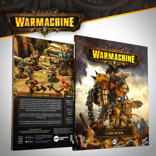Steamforged Games Warmachine Core Book artwork spread highlights factions and epic battles