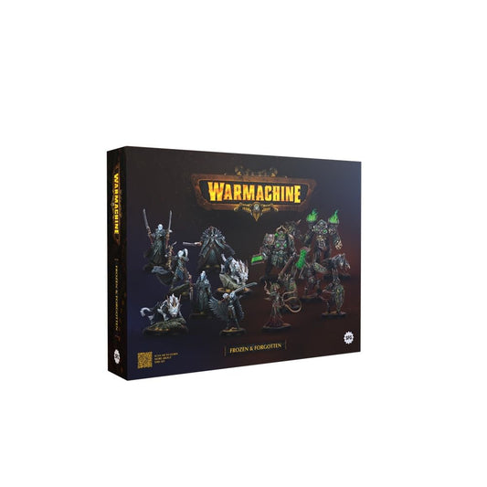 Steamforged Games Warmachine: Frozen & Forgotten box art showcases Nyss and Orgoth factions ready for tabletop battles.