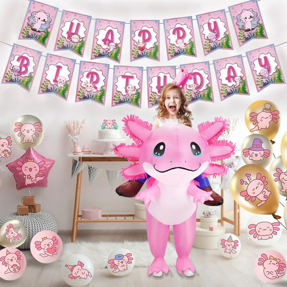 Stegosaurus axolotl costume with inflation blower for quick setup