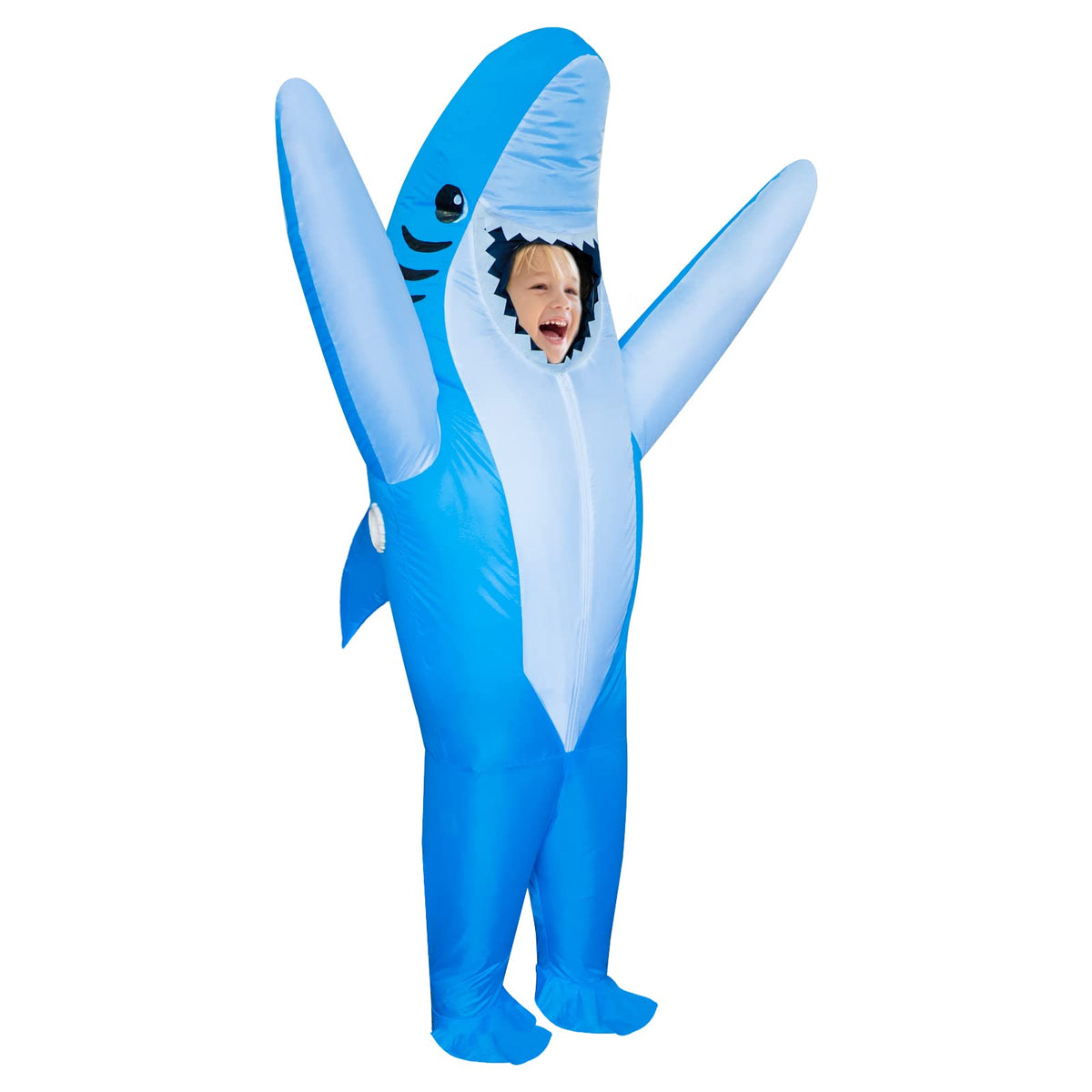 Stegosaurus inflatable shark costume for kids in blue; soft and easy to wear