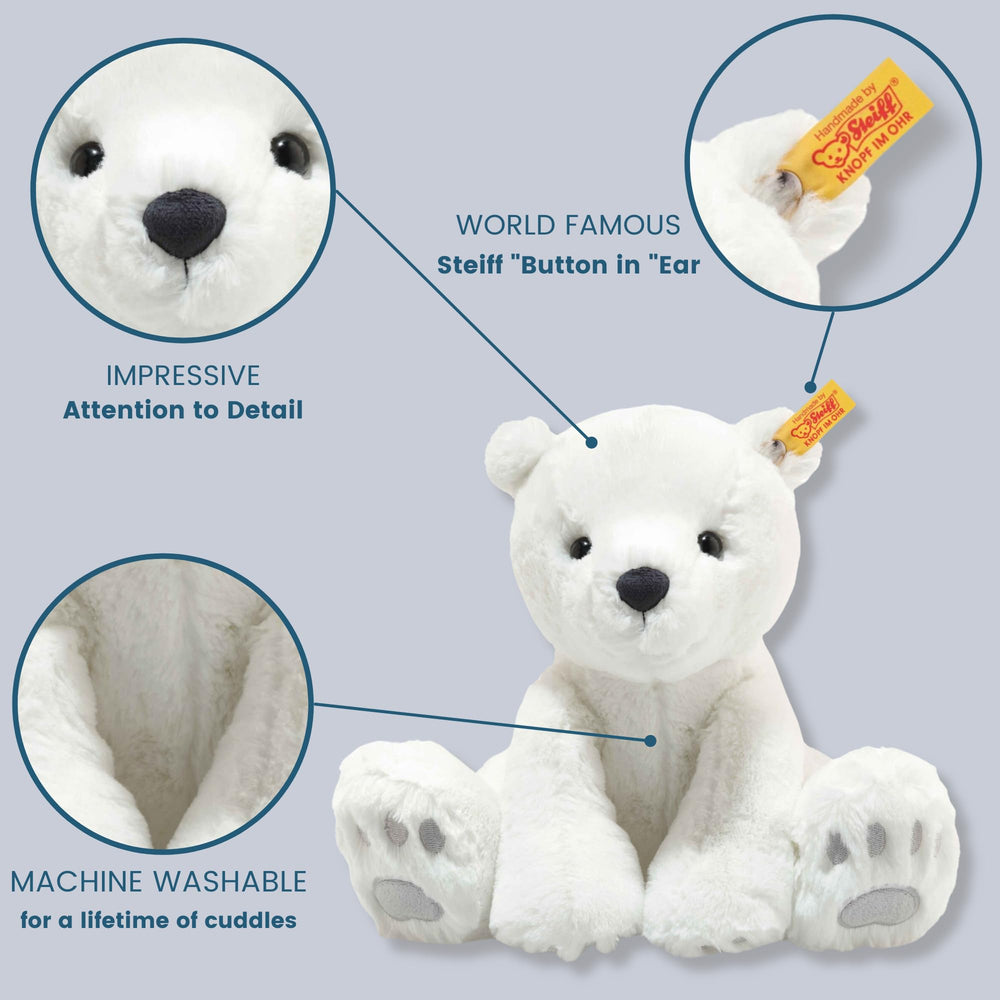 Steiff Lasse polar bear plush floppy body ideal for imaginative playtime.