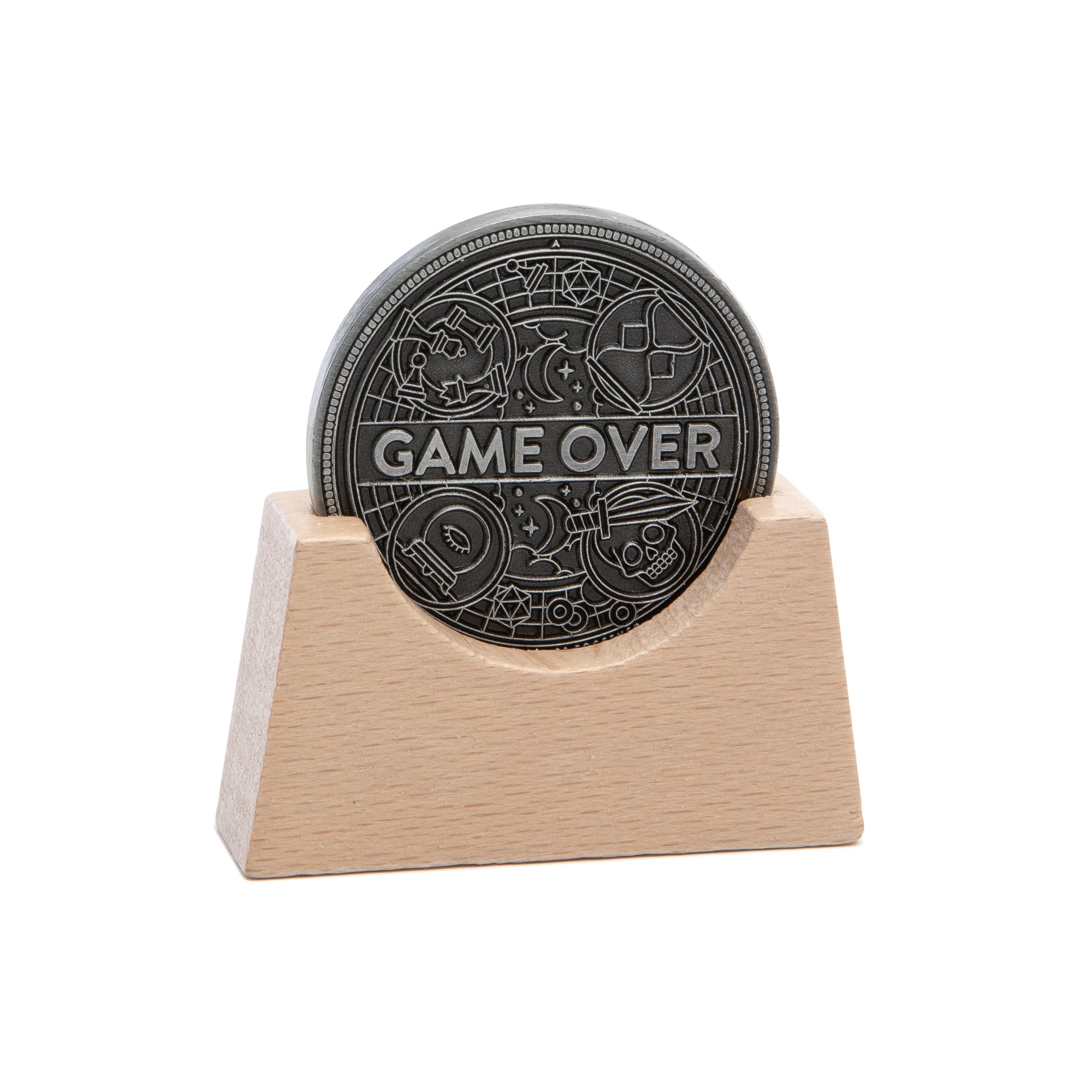 Stellar Factory Game Over Coin with wooden display stand for a desk display.