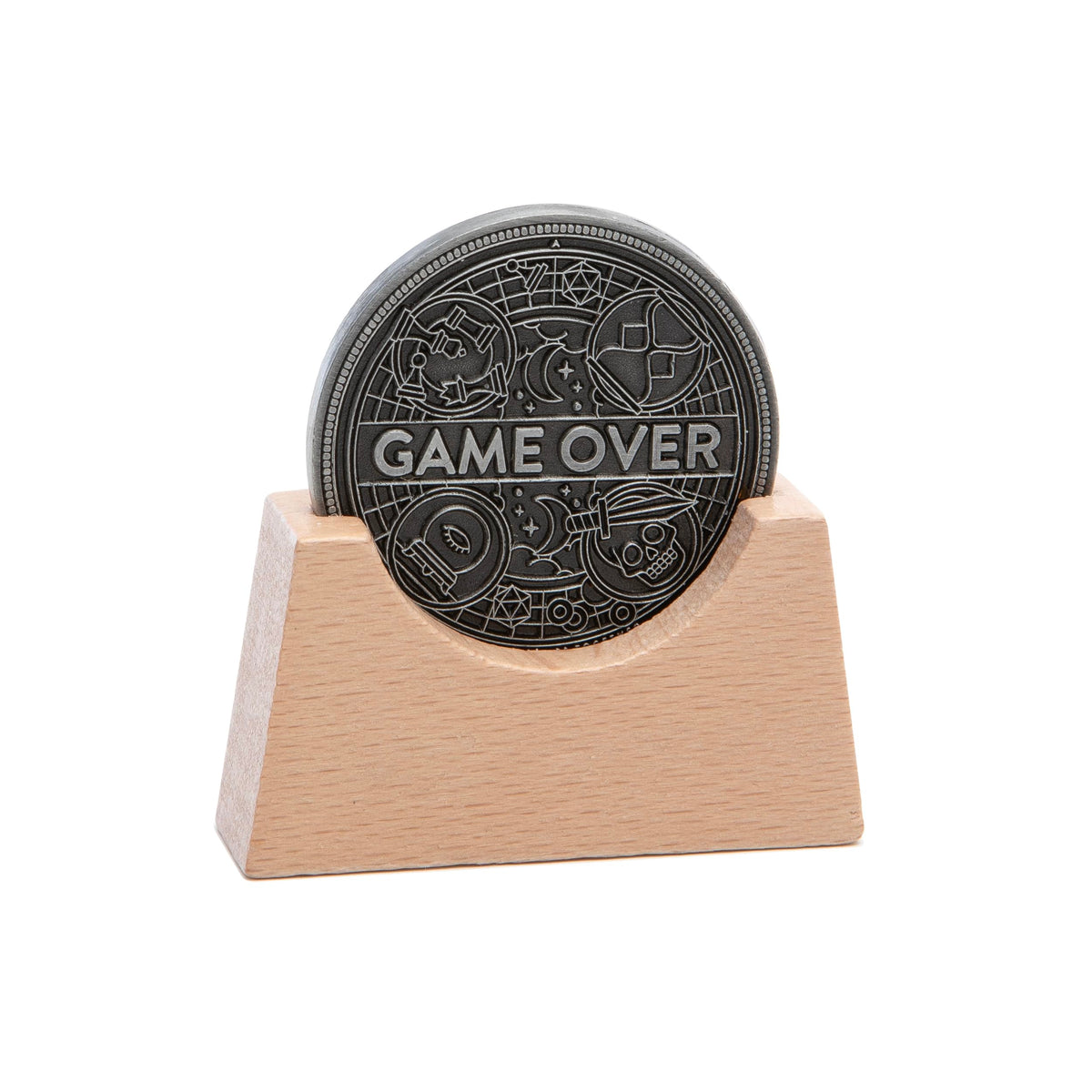 Stellar Factory Game Over Coin with wooden display stand for a desk display.