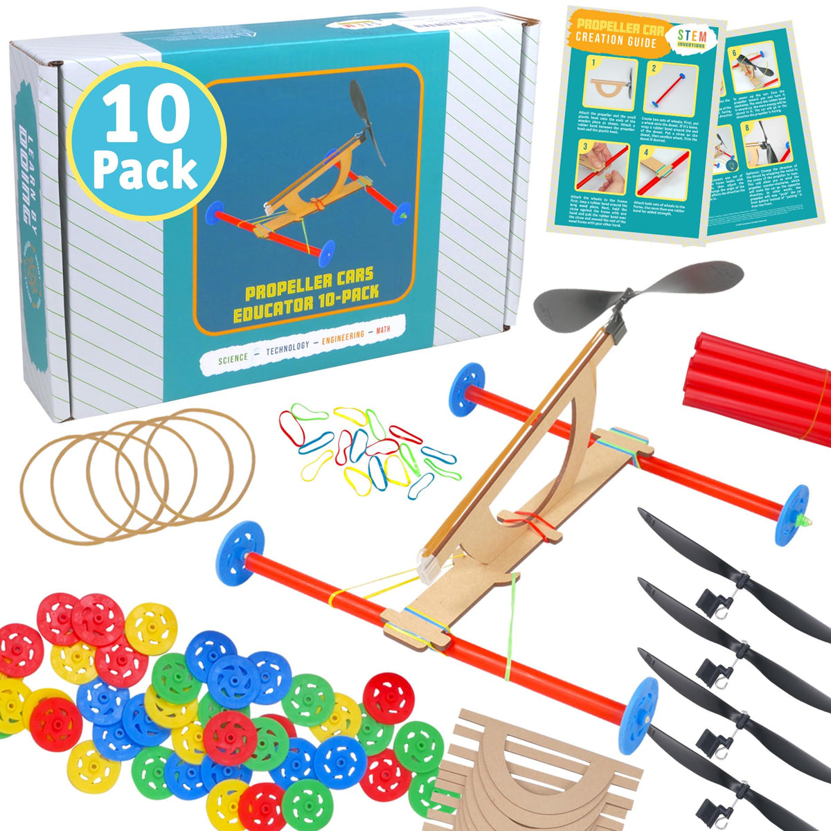 STEM Inventions Rubber Band Propeller Car Kit box contents overview for hands-on propulsion learning.