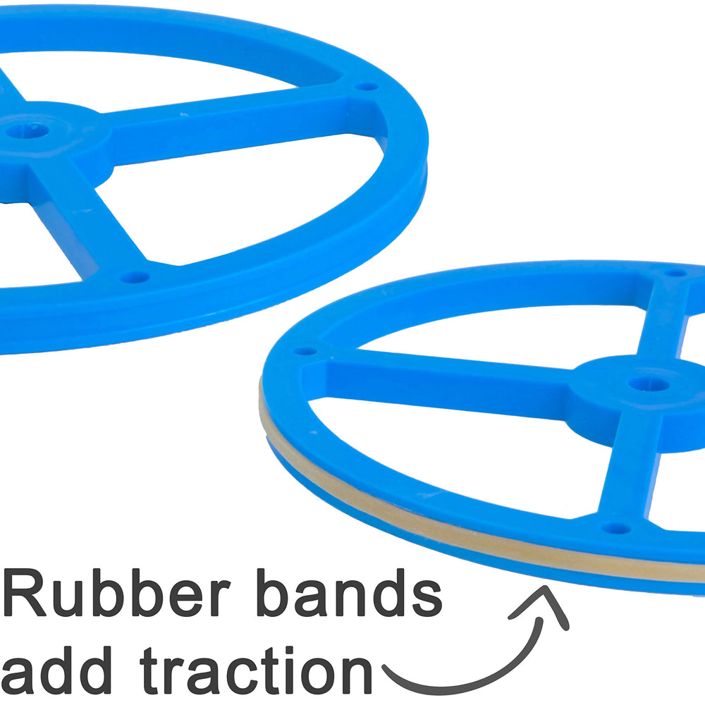 STEM Inventions rubber bands add traction to outer wheels for steady starts.
