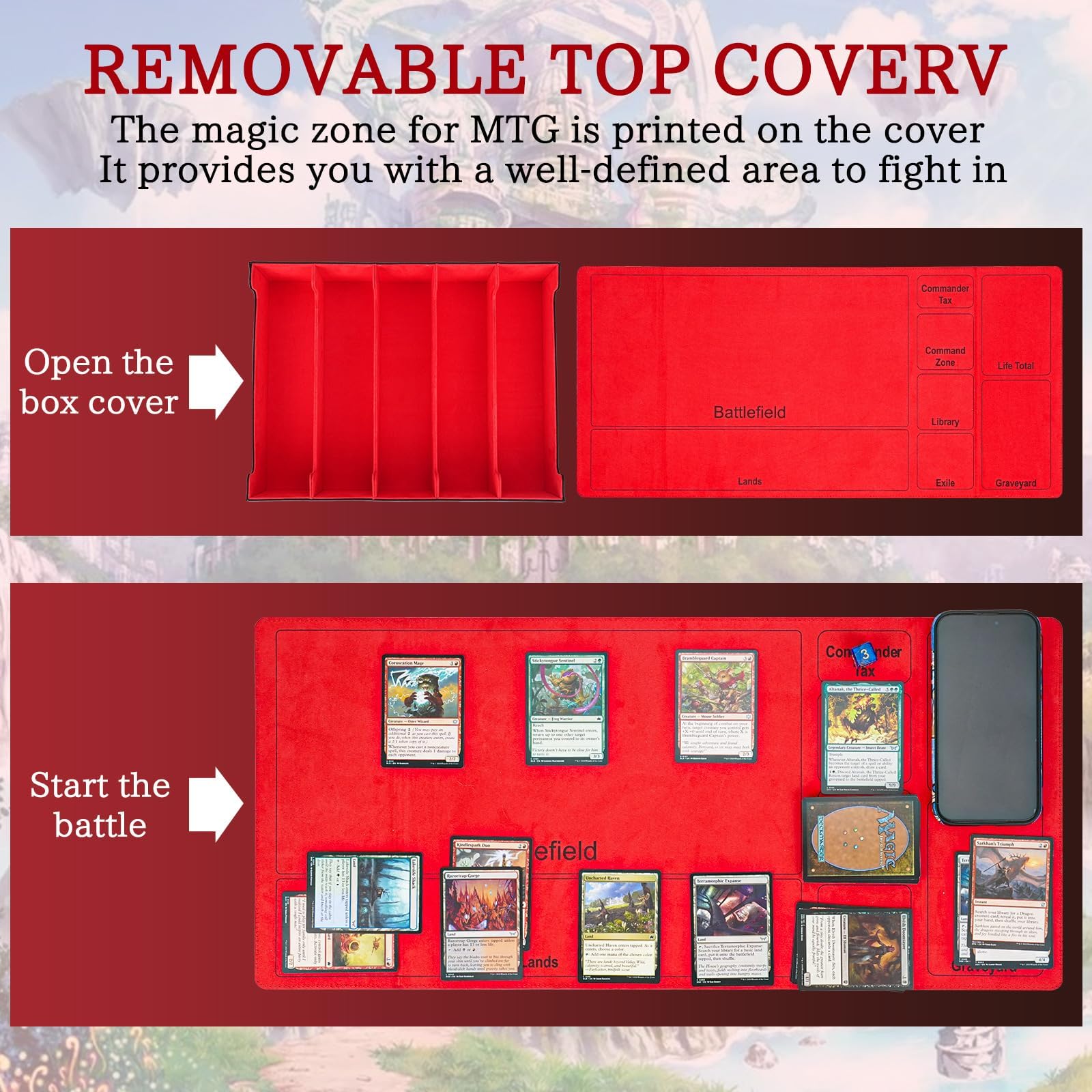 Stepane 5-Row Box dual-playmat cover converts lid into two mats for play.