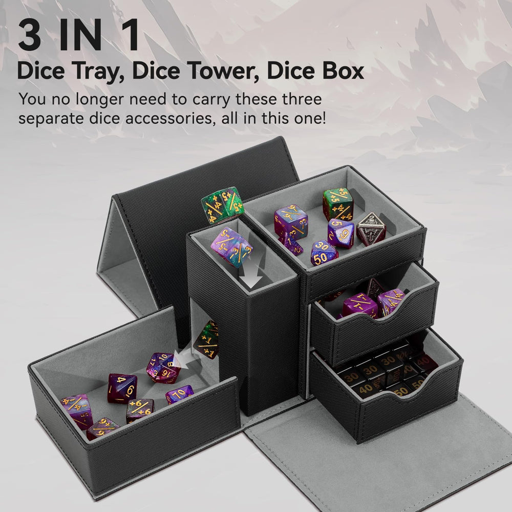 Stepane dice box tower with magnetic lid keeps game components secure.