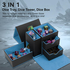 Stepane storage drawers open to organize dice and accessories for quick setup