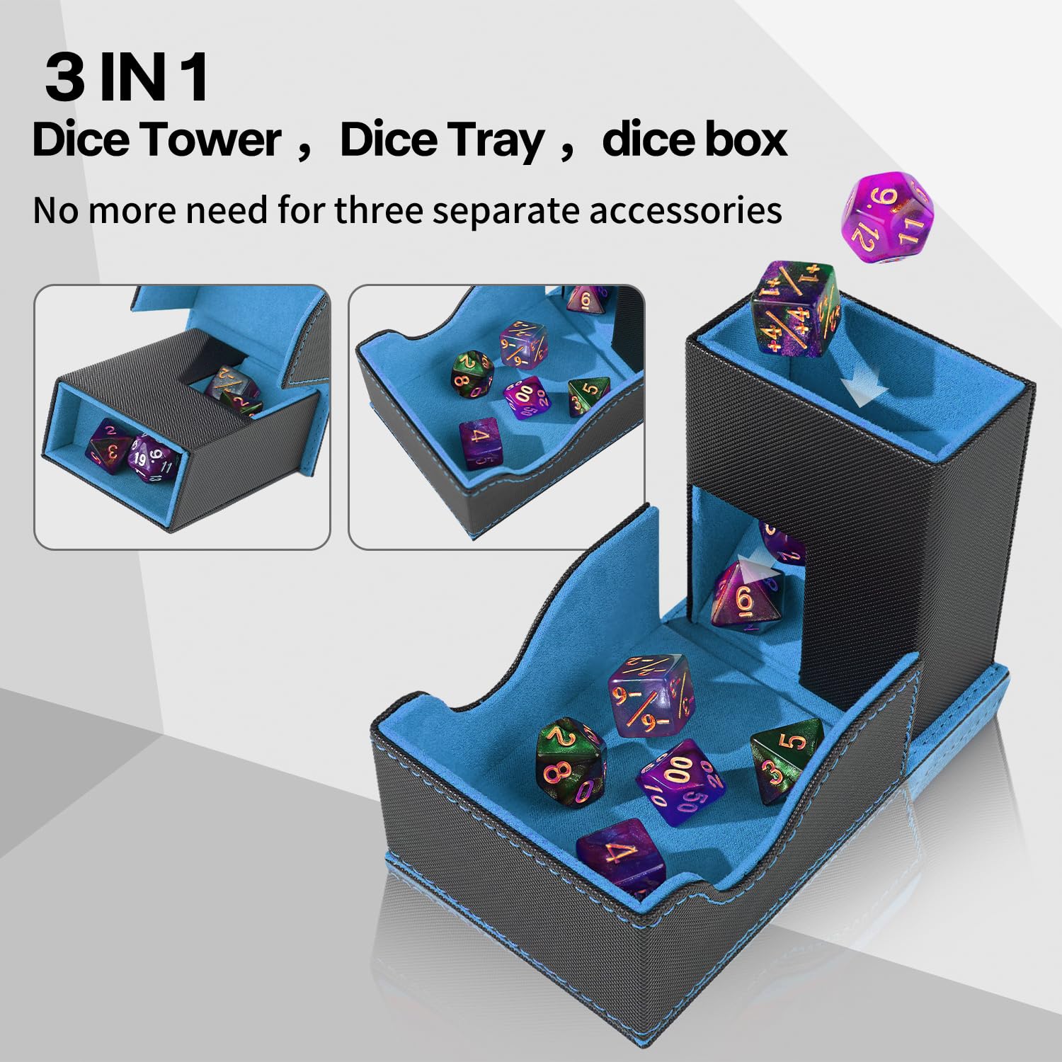 Stepane dice roller tower magnetic closure keeps contents secure during travel.