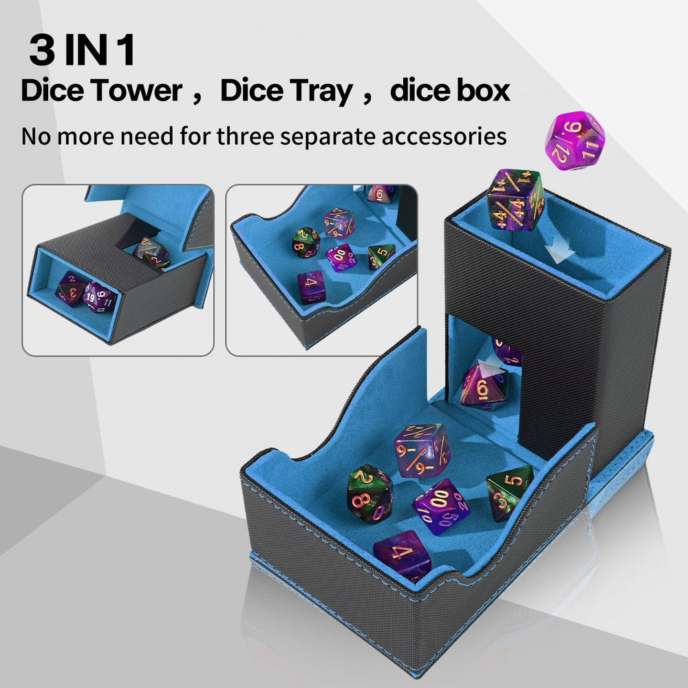 Stepane dice roller tower magnetic closure keeps contents secure during travel.