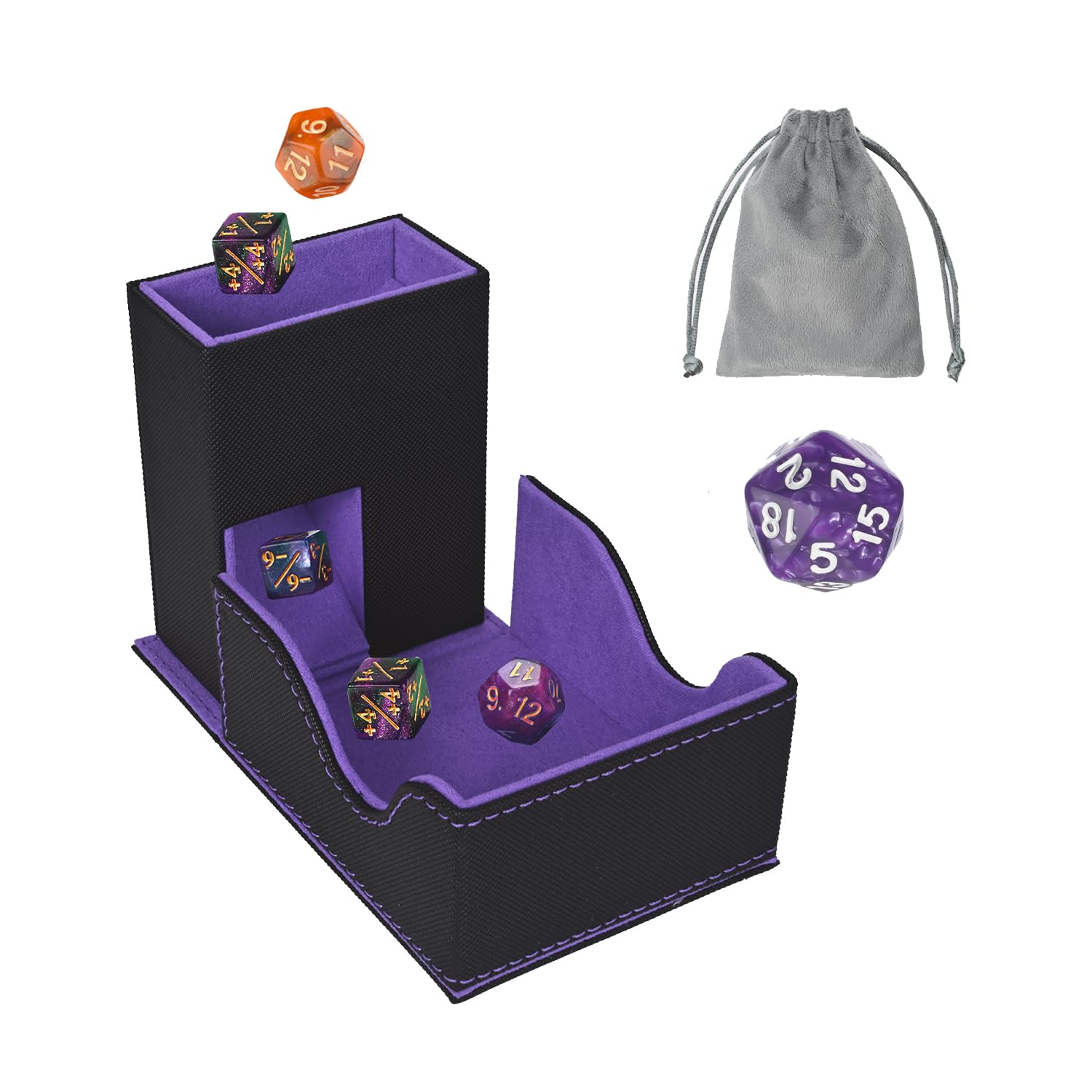 Stepane dice tower and tray folded for portable tabletop play.