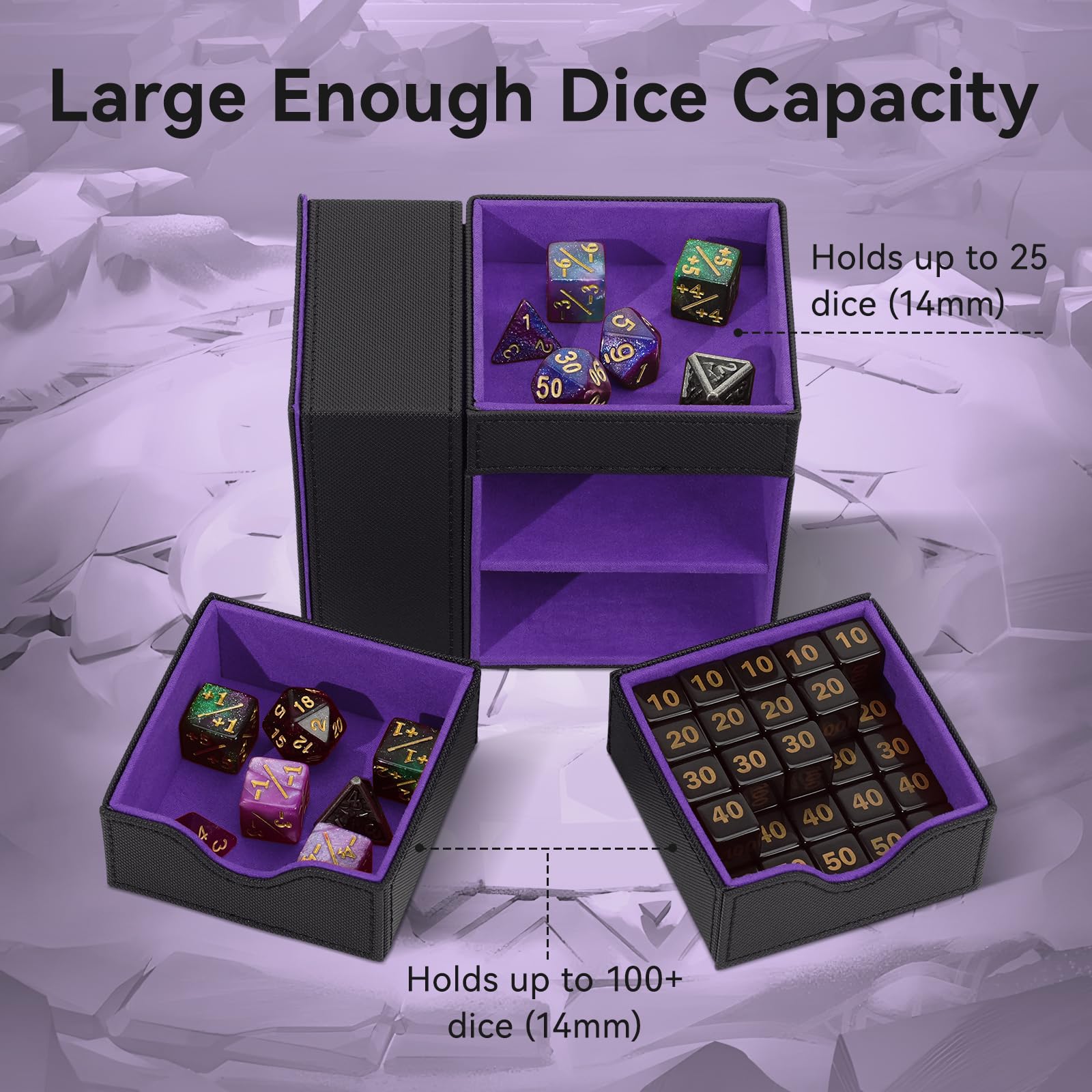 Stepane dice box showing two storage drawers for accessories.