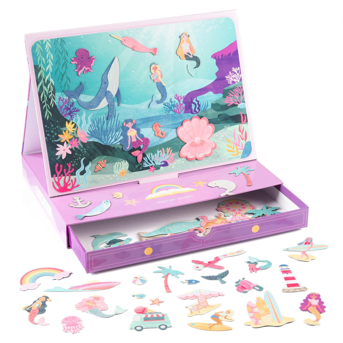 Stephen Joseph kids magnetic scene with drawer shows dinosaurs and pieces for imaginative play.