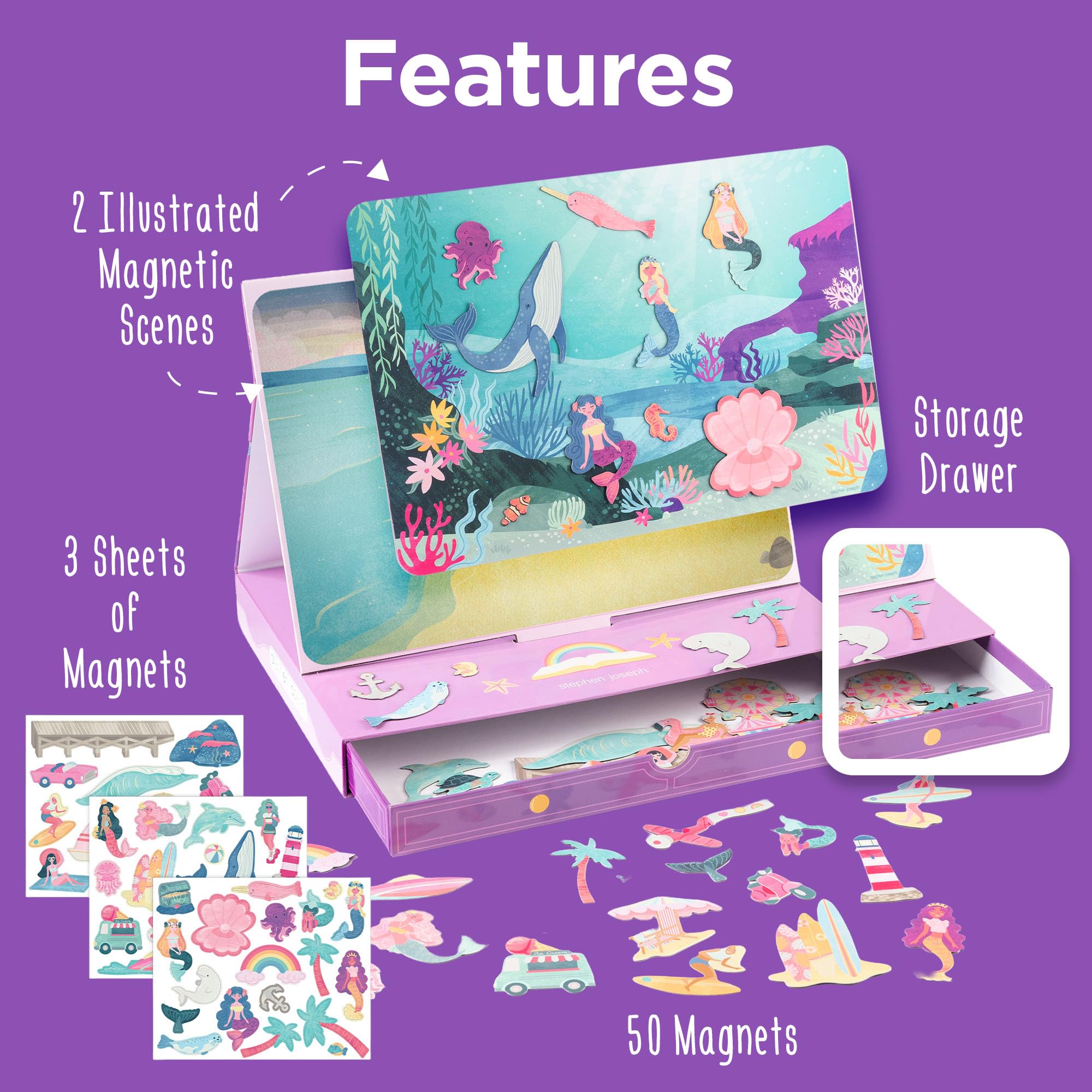 Stephen Joseph magnetic scene with drawer for princess play, fostering storytelling during travel.