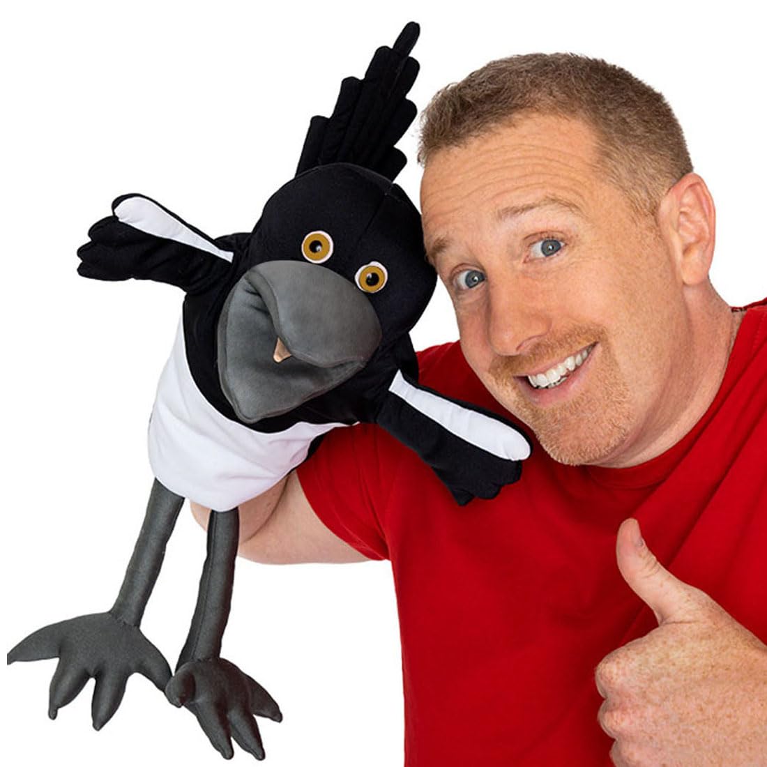 Steve and Maggie magpie hand puppet, 30-inch plush, ideal for storytelling sessions.