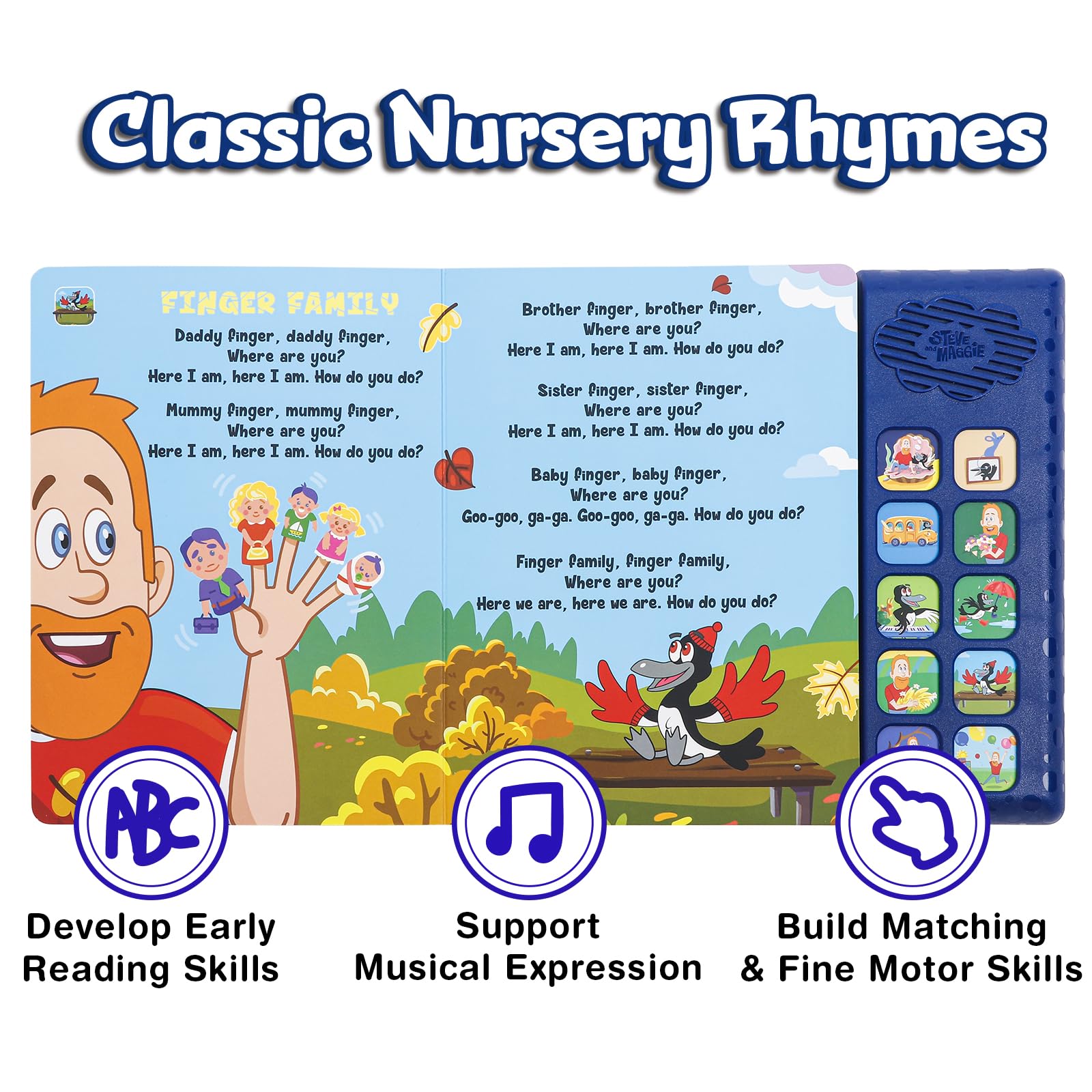Steve and Maggie Sound Book sound buttons illustrate cause-effect and motor skills through play