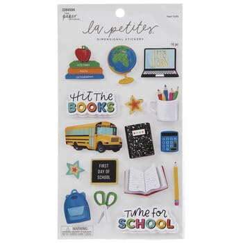 Stickabilities Time for School 3D stickers closeup highlights bus, books, backpacks with sparkle