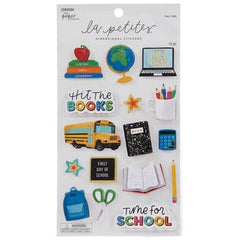 Stickabilities Time for School 3D stickers closeup highlights bus, books, backpacks with sparkle
