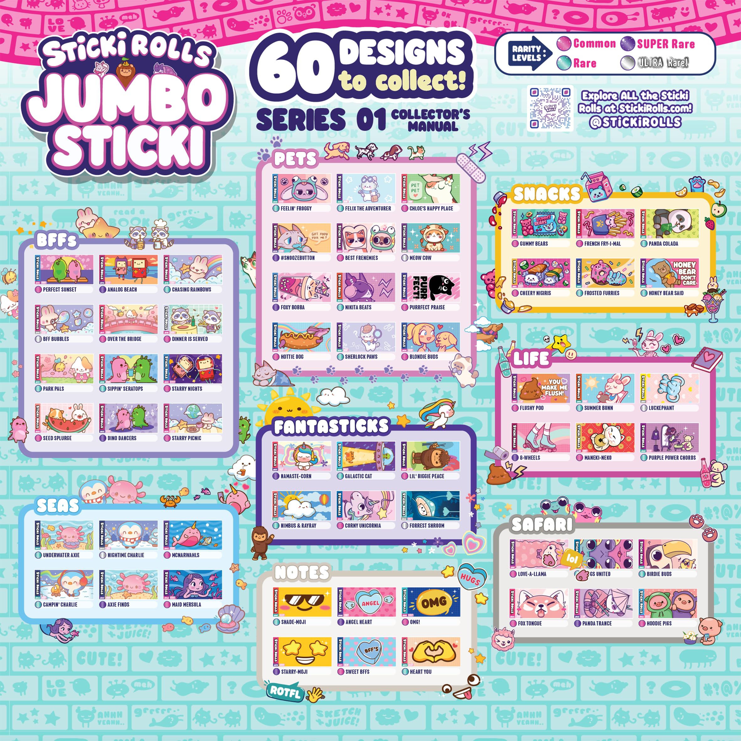 Sticki Rolls Jumbo Stickies showcase unique art with holographic shine in bold spaces.